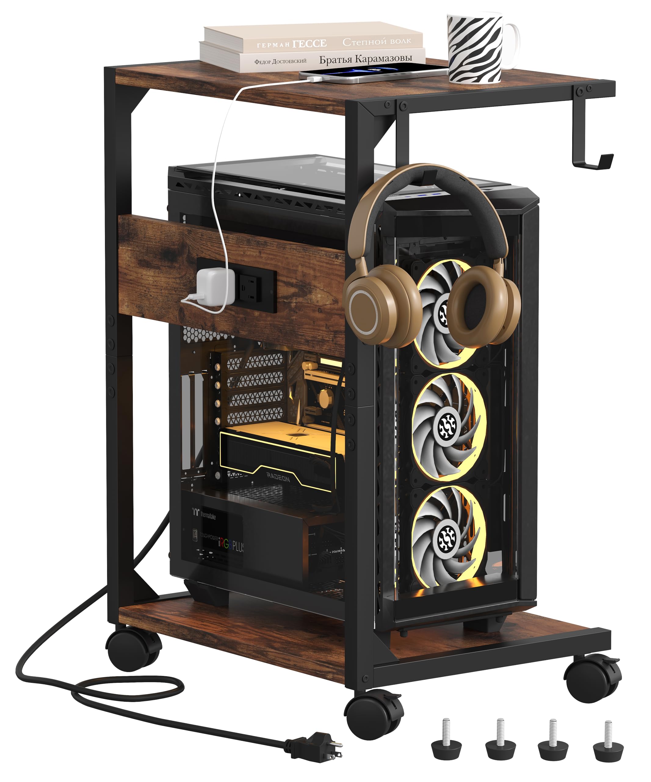 Akxomel 2 Tier Computer Tower Stand With Charging Station, Floor Pc Stand Fits Under Desk, Rolling C Shaped End Table With Usb P