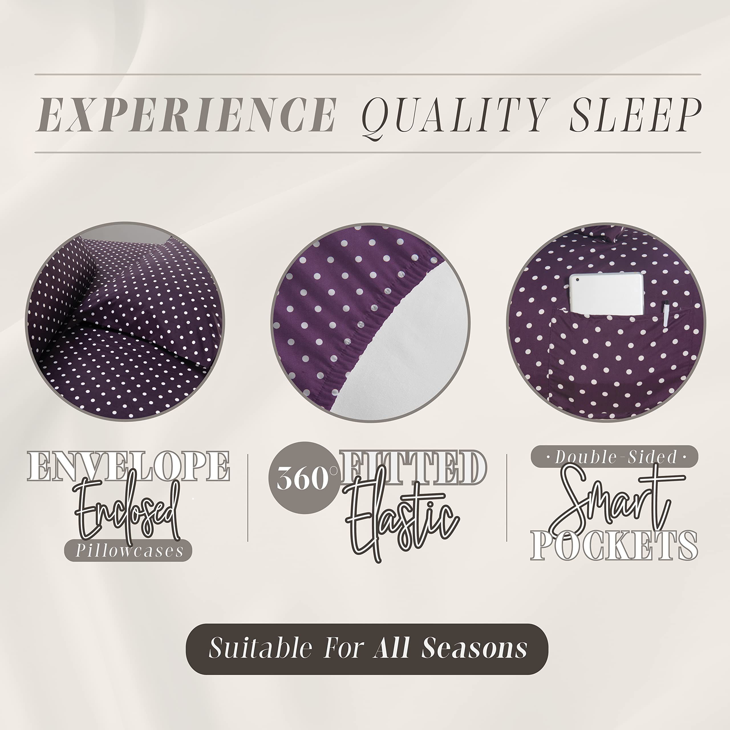Elegant Comfort Delilah Polkadot 4-Piece Set, Fade & Wrinkle Resistant, 1500 Premium Hotel Quality Microfiber Deep Pocket Fitted Sheet Featuring Smart Pockets, Polkadot Sheet Set, Twinxl, Purple