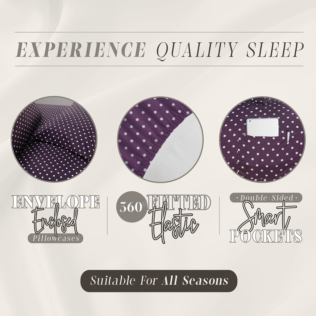 Elegant Comfort Delilah Polkadot 6-Piece Set, Fade & Wrinkle Resistant, 1500 Premium Hotel Quality Microfiber Deep Pocket Fitted Sheet Featuring Smart Pockets, Polkadot Sheet Set, King, Purple