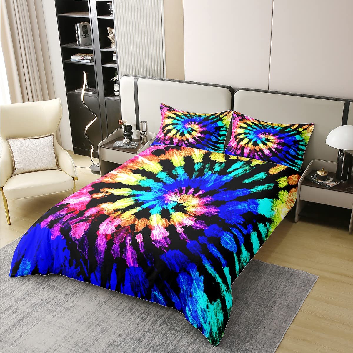 Erosebridal 100% Cotton Hippie Tie Dye Bedding Duvet Cover Sets Queen Blue Purple Tie Dye Spiral Comforter Cover, Boho Bohemian
