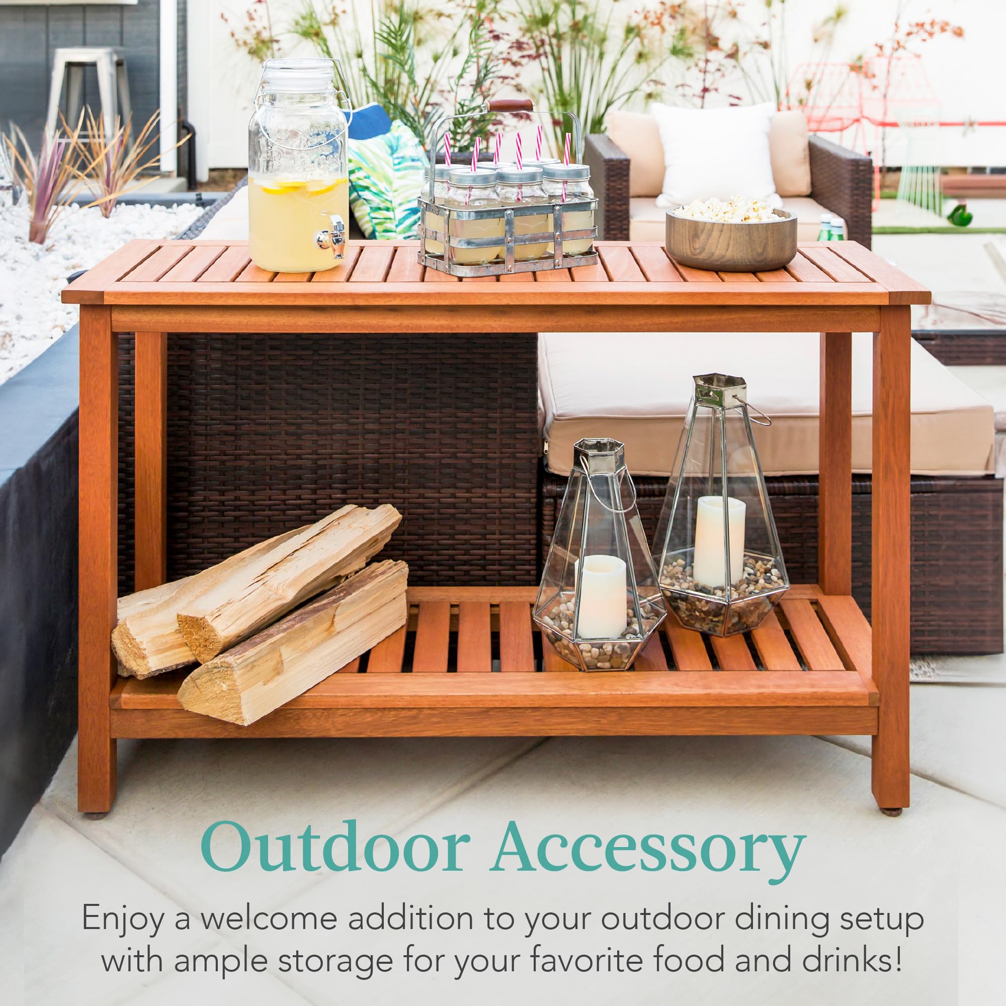 Best Choice Products 48In 2-Shelf Eucalyptus Wooden Console Table Indoor Outdoor Multifunctional Buffet Bar Storage Organizer W/Foot Sliders - Natural