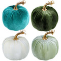 Winlyn 4 Pcs Assorted Faux Rustic Velvet Pumpkins Decorative Green Teal White Fabric Pumpkins Foam Pumpkins 5'' for Gifts Fall W