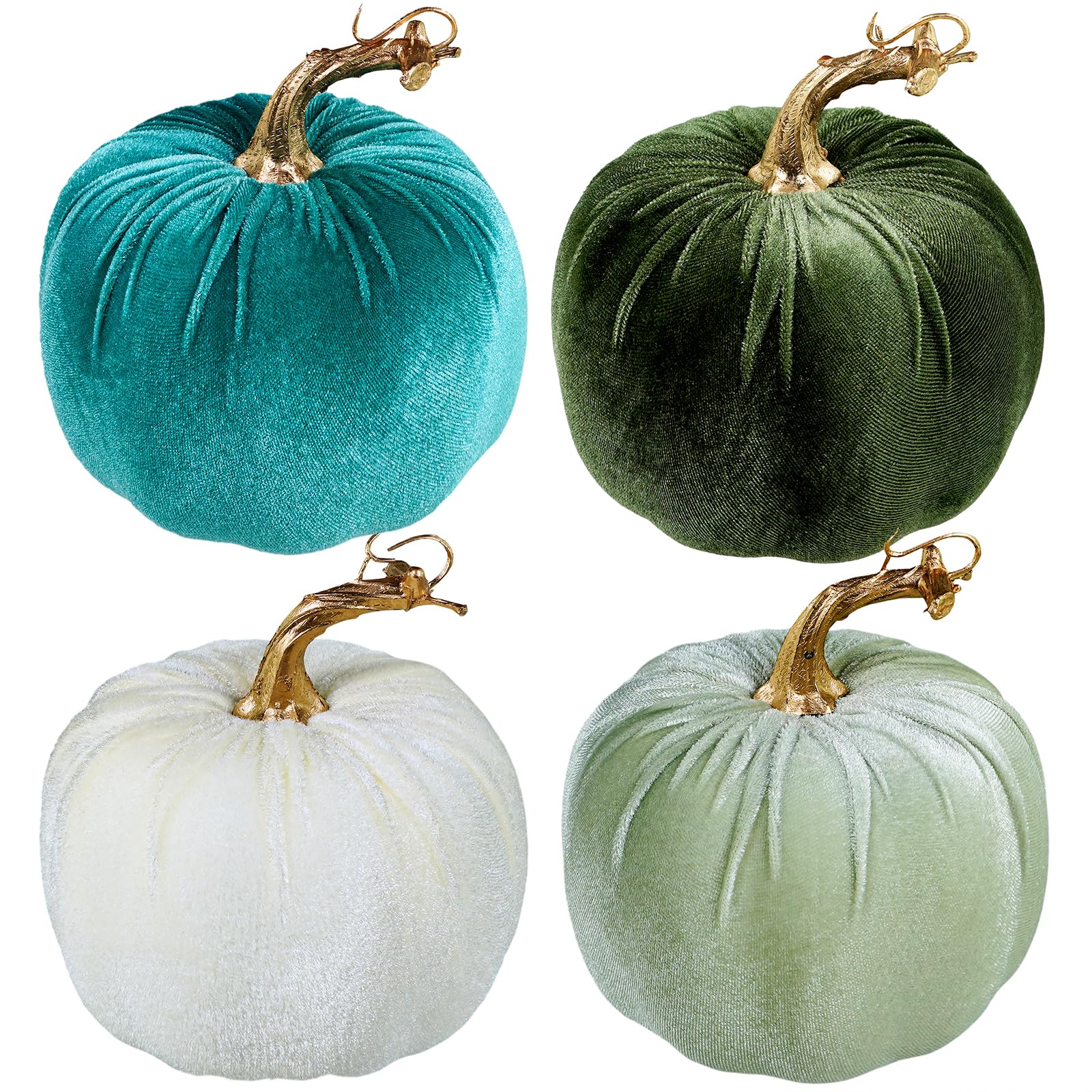 Winlyn 4 Pcs Assorted Faux Rustic Velvet Pumpkins Decorative Green Teal White Fabric Pumpkins Foam Pumpkins 5'' for Gifts Fall W