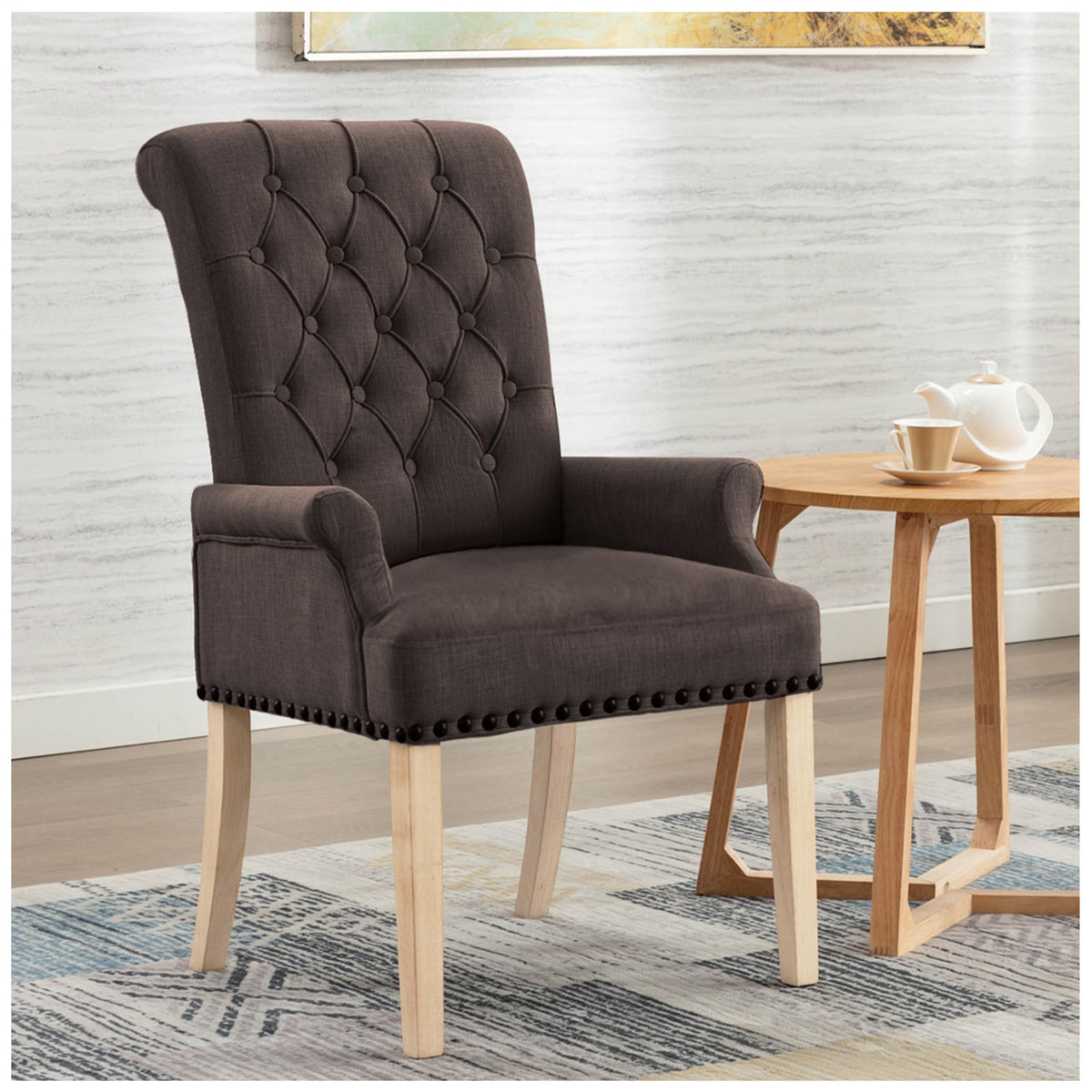 Adochr Upholstered Fabric Accent Dining Chair, Elegant Tufted Club Dining Room Kitchen Room Arm Dining Chair, Brown
