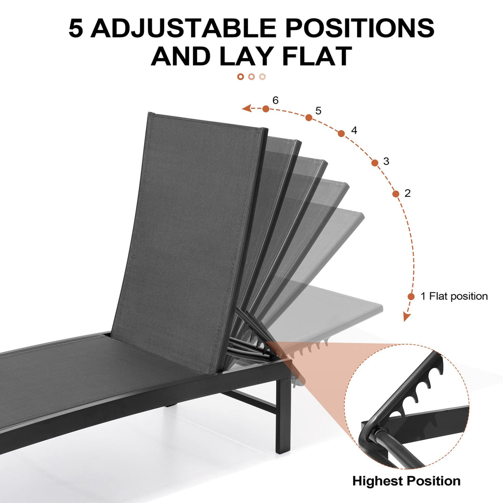 Crestlive Products Chaise Lounge Chair Outdoor, Aluminum Pool Lounge Chair, Adjustable Five-Position Tanning Recliner, All Weather For Patio, Beach, Yard, Pool (1Pc Black)