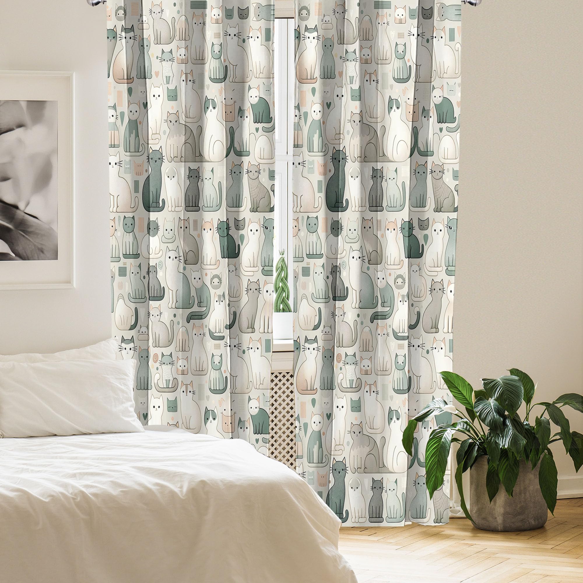 Ambesonne Cats Window Curtains Pack Of 2, Cartoon Illustration Of Delicate Kitten World With Muted Colors Modern, Lightweight Se