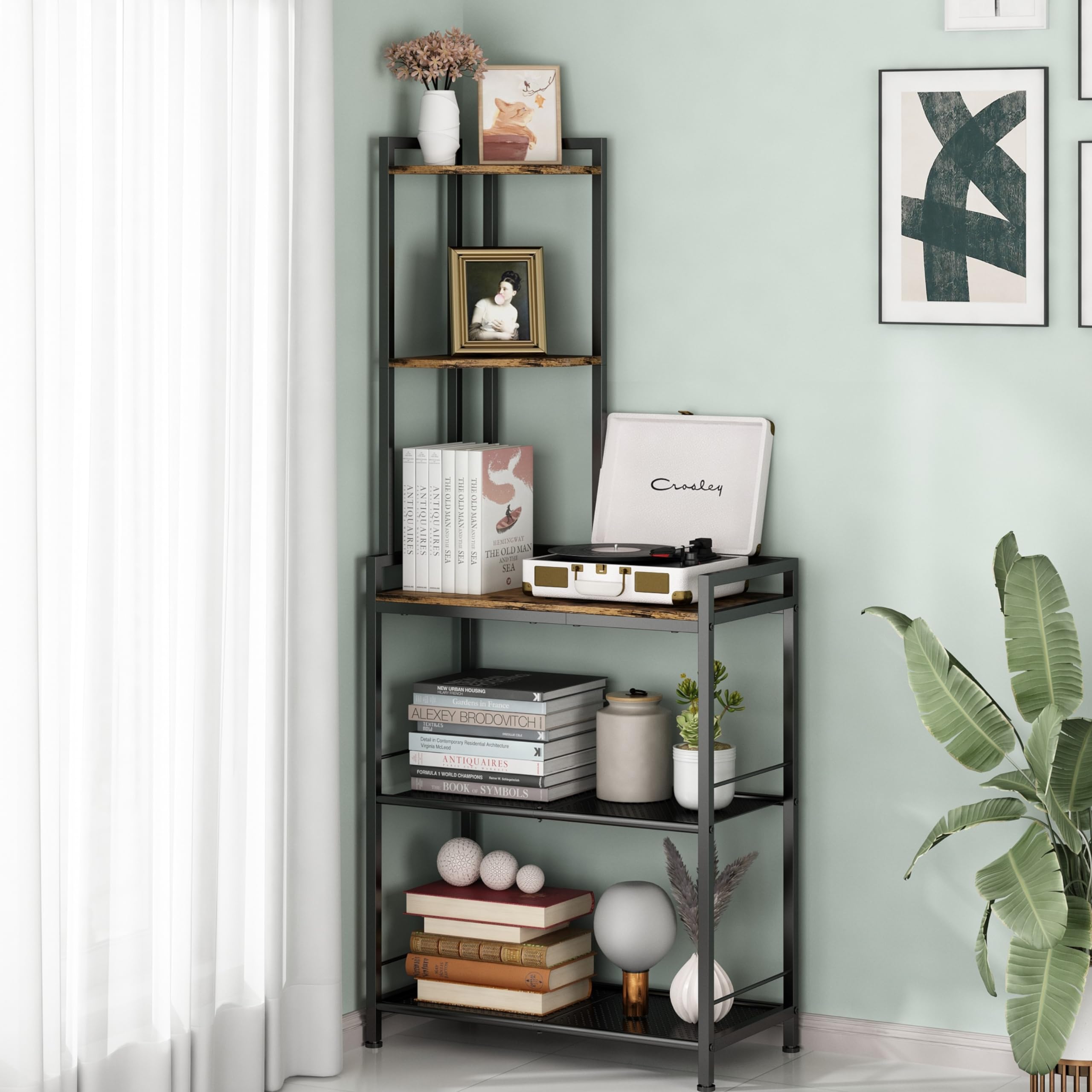 GILLAS 5 Tier Corner Shelf Stand, Freestanding Corner Shelf Unit Bookshelf, Corner Table with Shelf, Tall Storage Organizer Rack