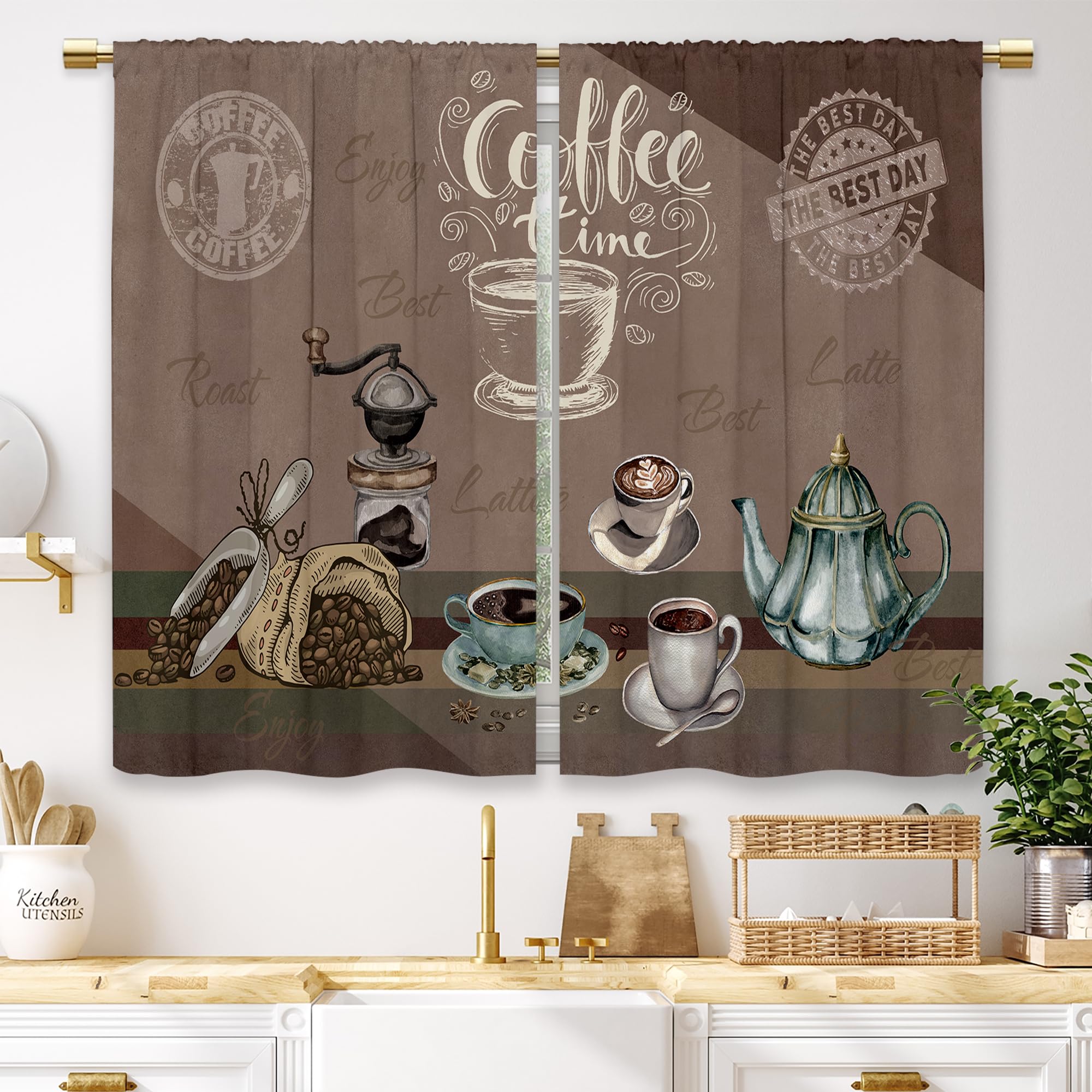 Laifzere Coffee Theme Brown Kitchen Curtains Country Vintage Rustic Modern Latte Small Short Cafe Window Curtains Farmhouse Retr