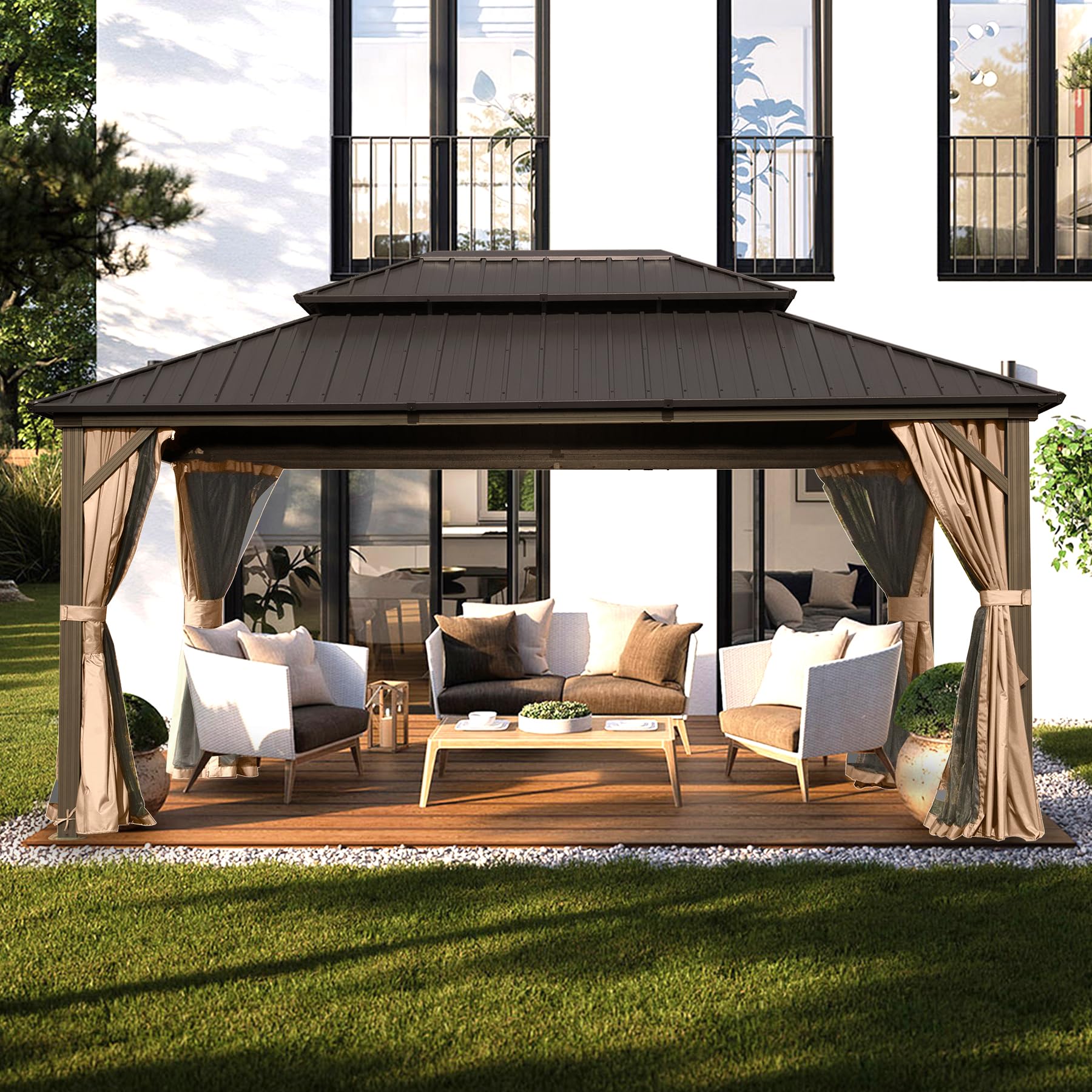 Domi 10' X 14' Hardtop Gazebo, Aluminum Metal Gazebo With Galvanized Steel Double Roof Canopy, Curtain And Netting, Permanent Ga