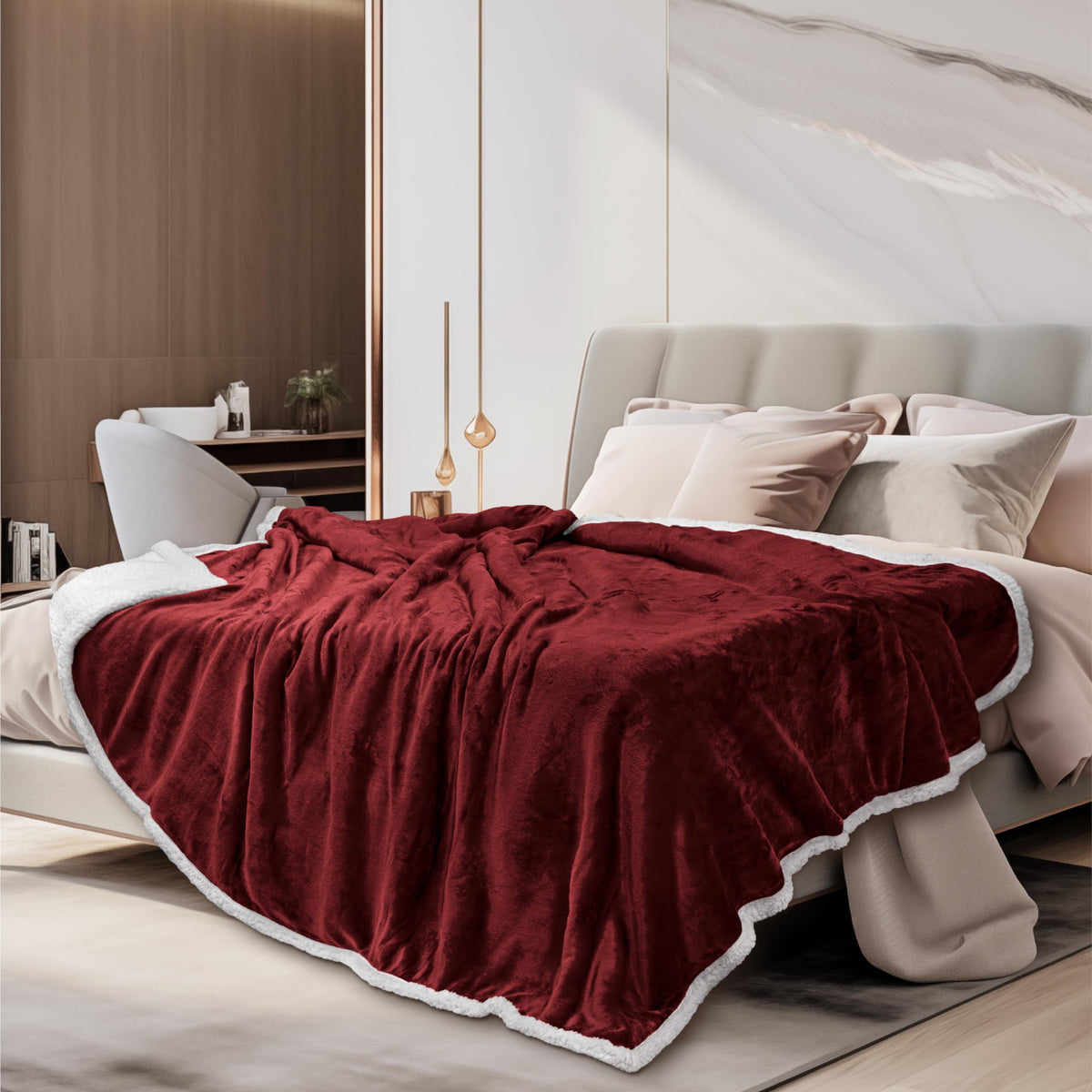 Pavilia Burgundy Red Sherpa Fleece Throw Blanket For Couch Twin, Soft Thick Bed Blanket Sofa, Cozy Warm Throw Blanket All Season