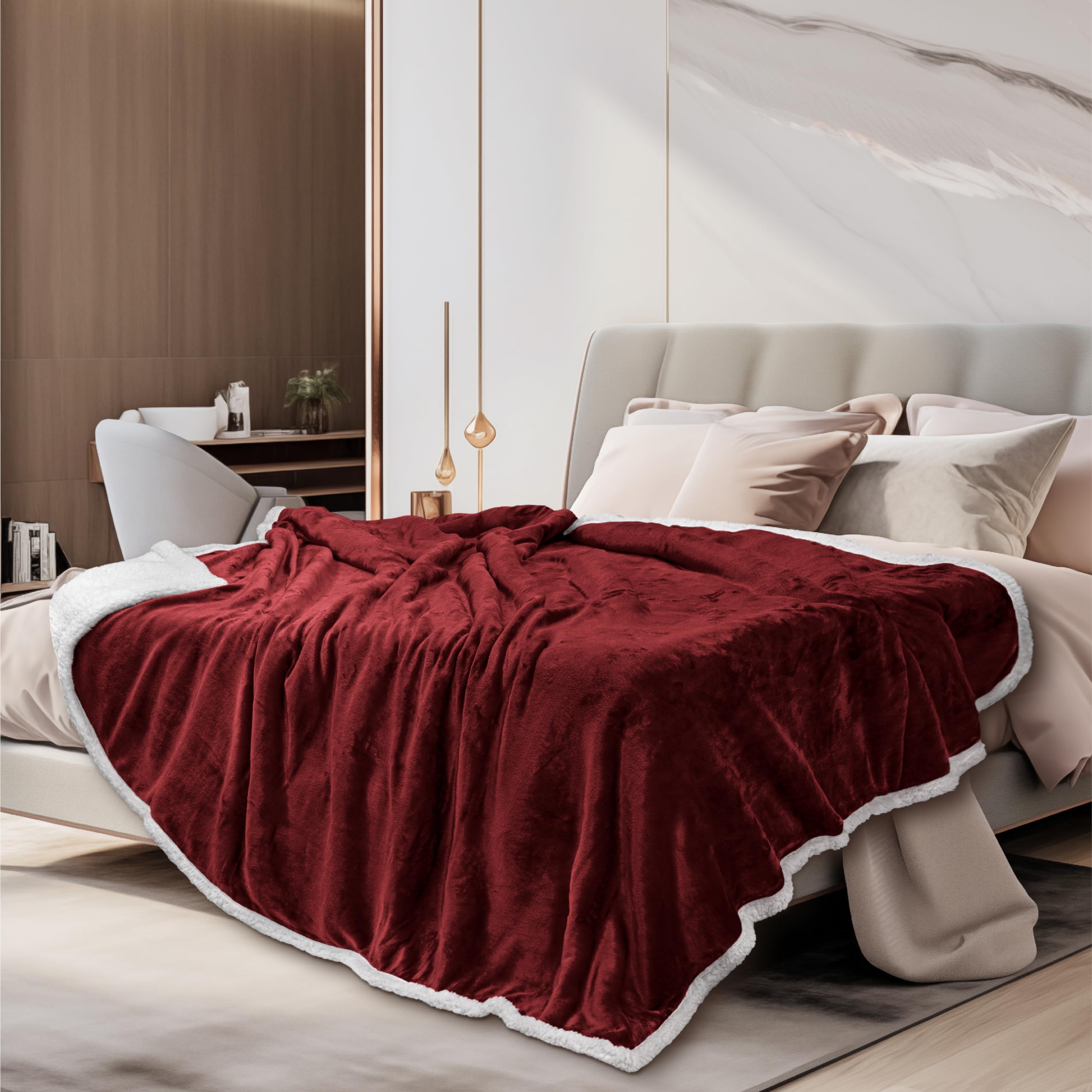 Pavilia Burgundy Red Sherpa Fleece Throw Blanket For Couch Twin, Soft Thick Bed Blanket Sofa, Cozy Warm Throw Blanket All Season