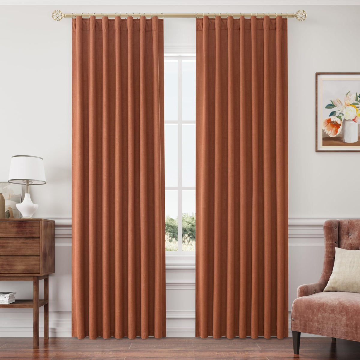Joywell Terracotta Linen 100% Blackout Curtains 86 Inches Long, Rod Pocket,Back Tab,Hook Belt,Thermal Insulated Pinch Pleated Window Drapes For Bedroom Black Out Heat Reducing(2 Panels,52 X 86)