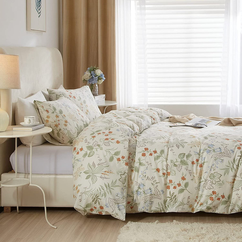 Garden Style Floral Duvet Cover Twin Chic Floral Leaves Bedding Sets Cotton Flower Branch Comforter Cover Aesthetic White Floral