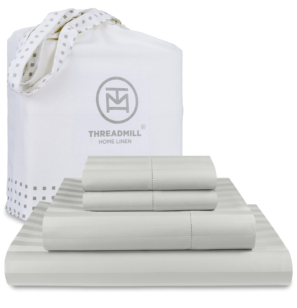 Threadmill 500 Thread Count Queen Size Damask Stripe, 4 Pc Luxury Cotton Bedding Set, Breathable Light Grey Sheets with 16'' Ela