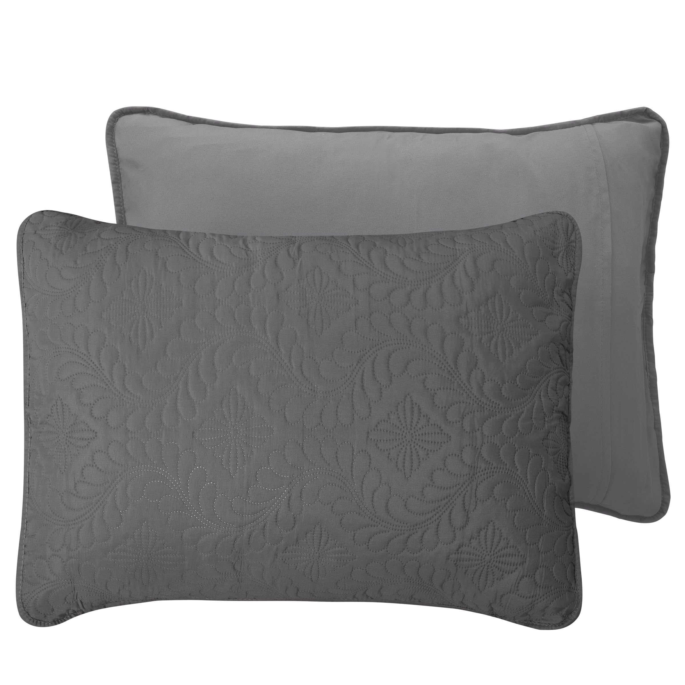 Easy-Going Full/Queen Size Reversible Quilt Set With 1 Quilt And 2 Pillow Shams, Soft Bed Quilt Cover, Water Resistant Lightweight Microfiber Bedspread, Stain Resistant, Olive Leaf-Gray/Light Gray