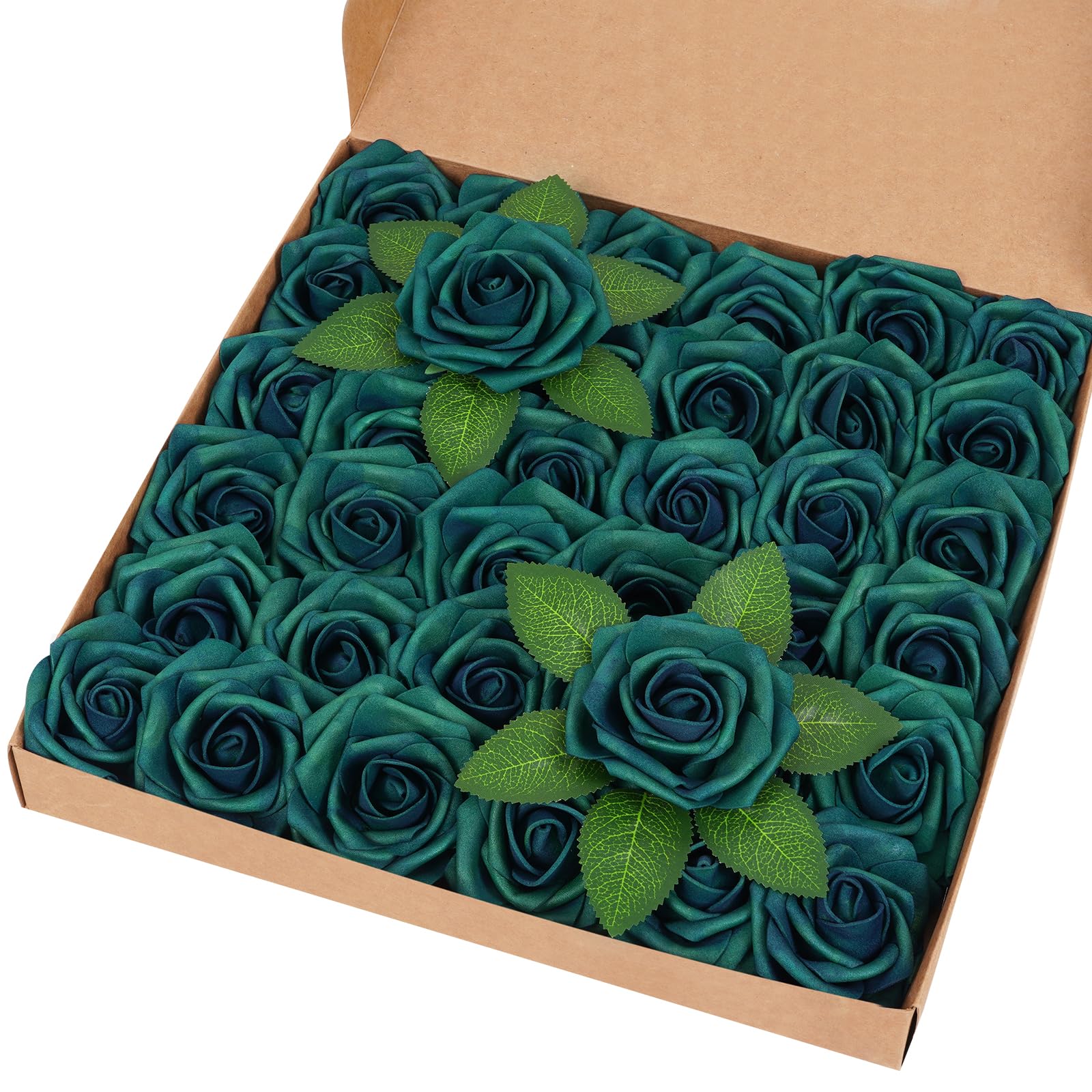 BLEUM CADE 36Pcs Artificial Flowers Fake Roses with Stems, Army Green Boxed Foam Roses for DIY Bouquets Centerpieces Wedding Par