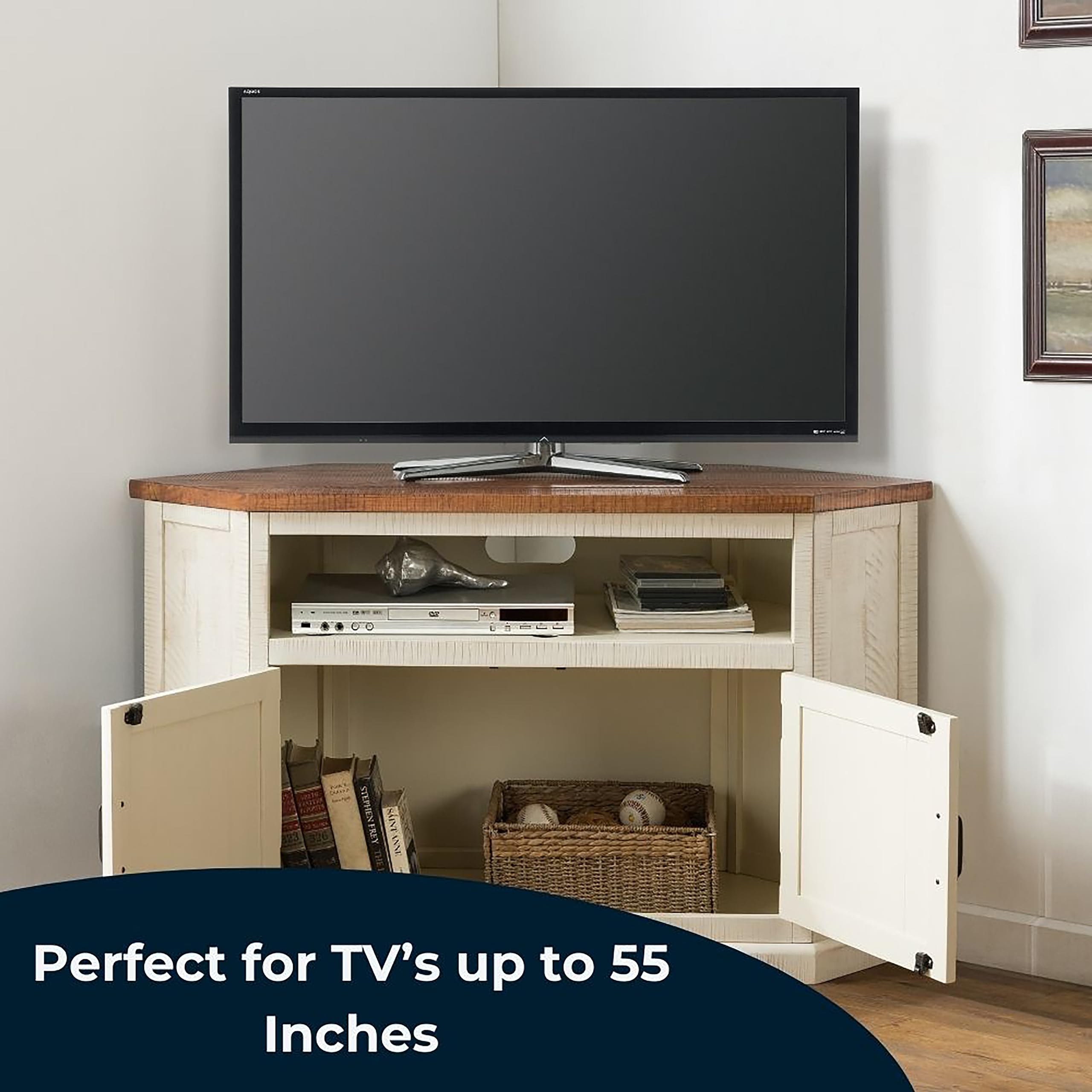 Martin Svensson Rustic Solid Wood Tv Stand - Antique White And Honey Tobacco Finish - Hexagonal Shape And Farmhouse Design Entertainment Center With Shelves Included