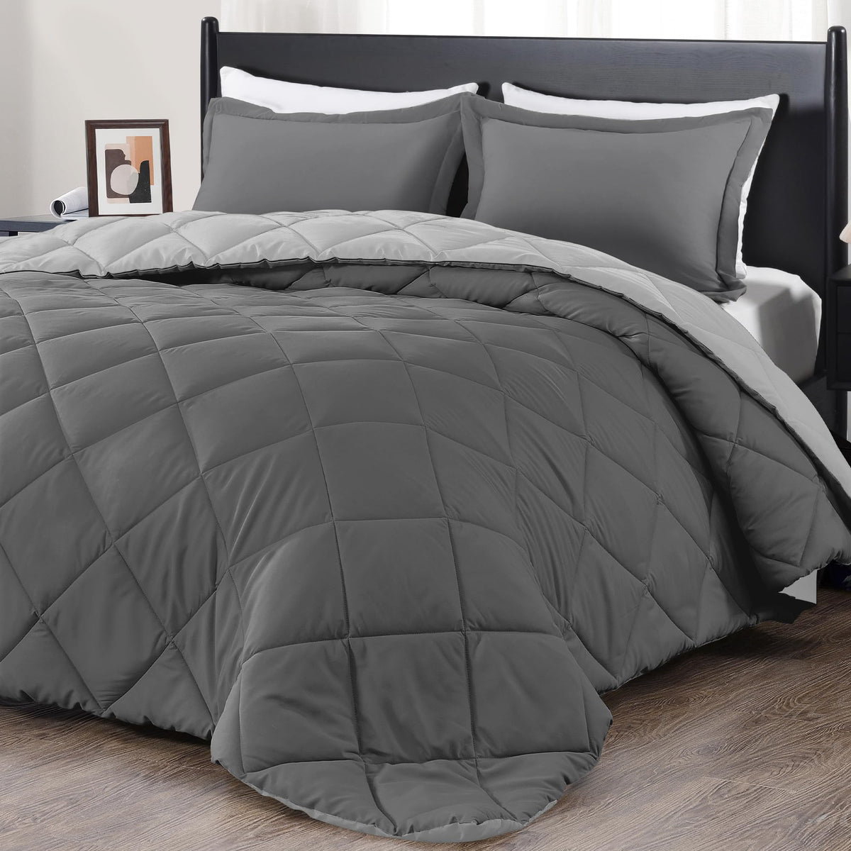 Downluxe Queen Comforter Set - Charcoal And Grey Queen Comforter, Soft Bedding Sets For All Seasons -3 Pieces - 1 Comforter (88'