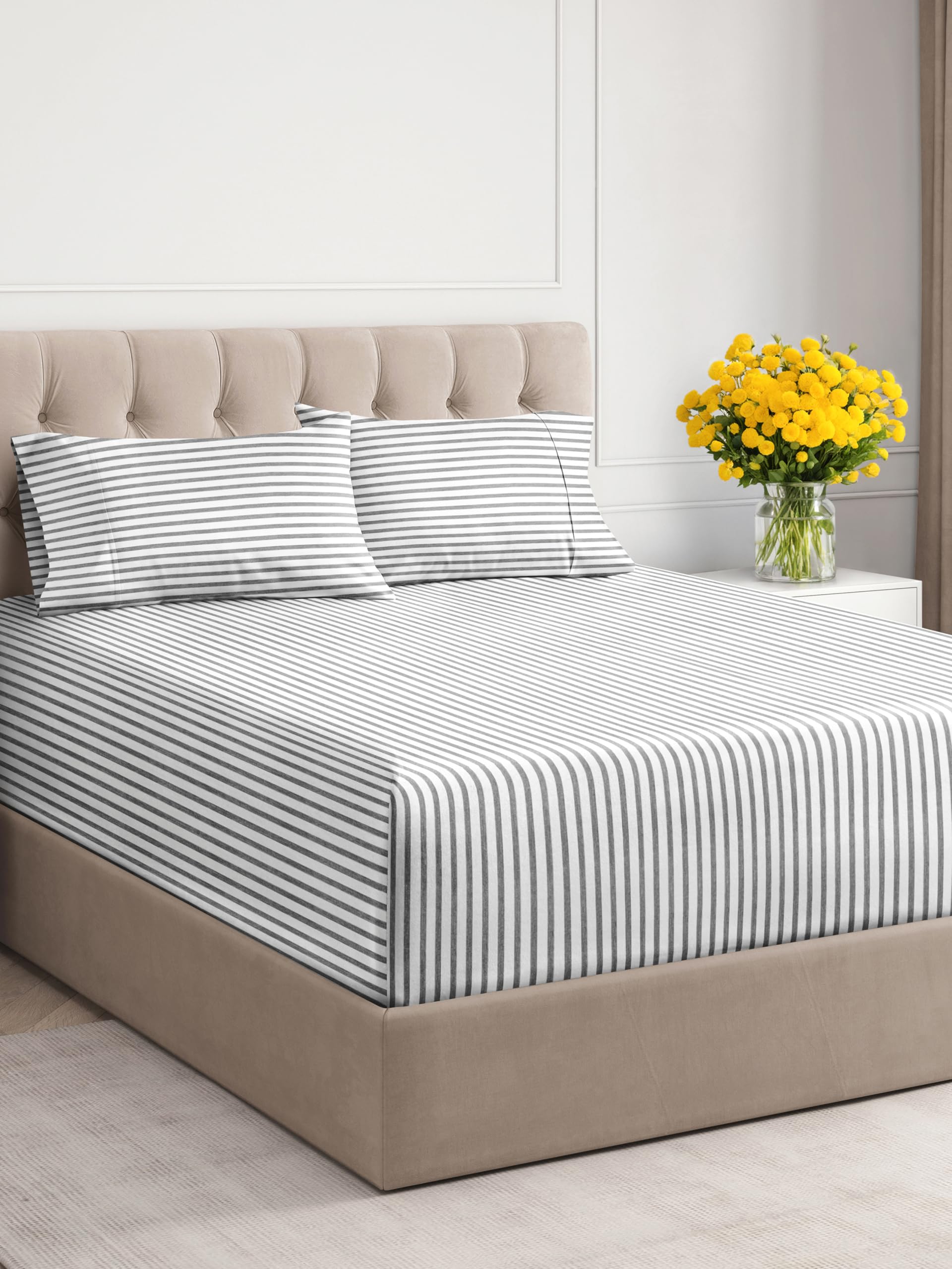Extra Deep Pocket Cal King Sheets - 4 Piece Breathable & Cooling Bed Sheets - Hotel Luxury Bed Sheet Set - Soft, Wrinkle Free & Comfy - Easily Fits Extra Deep Mattresses - Grey Striped Sheets Set