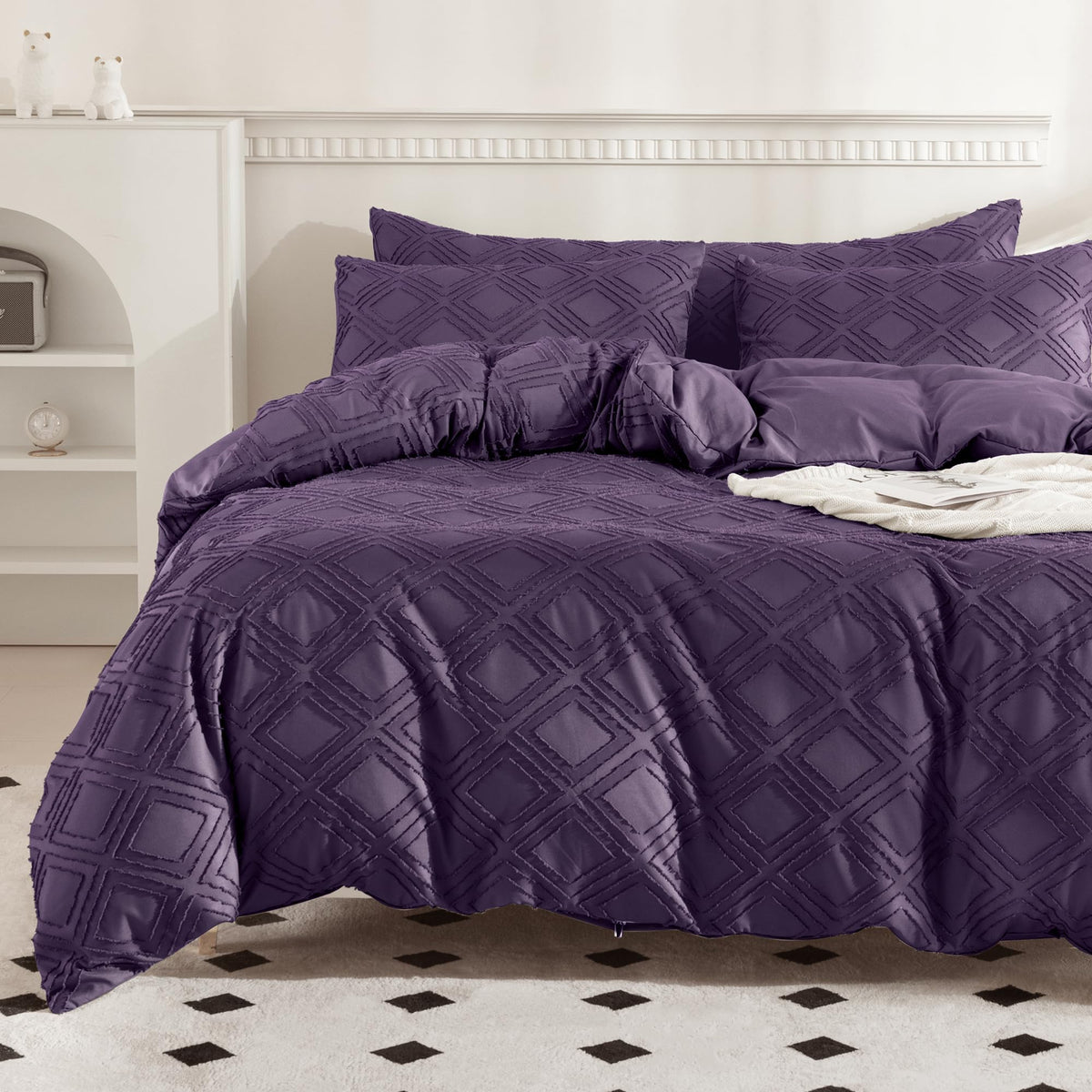 Jellymoni Duvet Cover Queen Size - Purple Microfiber Tufted Duvet Cover Set, Boho Textured Duvet Cover Jacquard Rhombus Geometri
