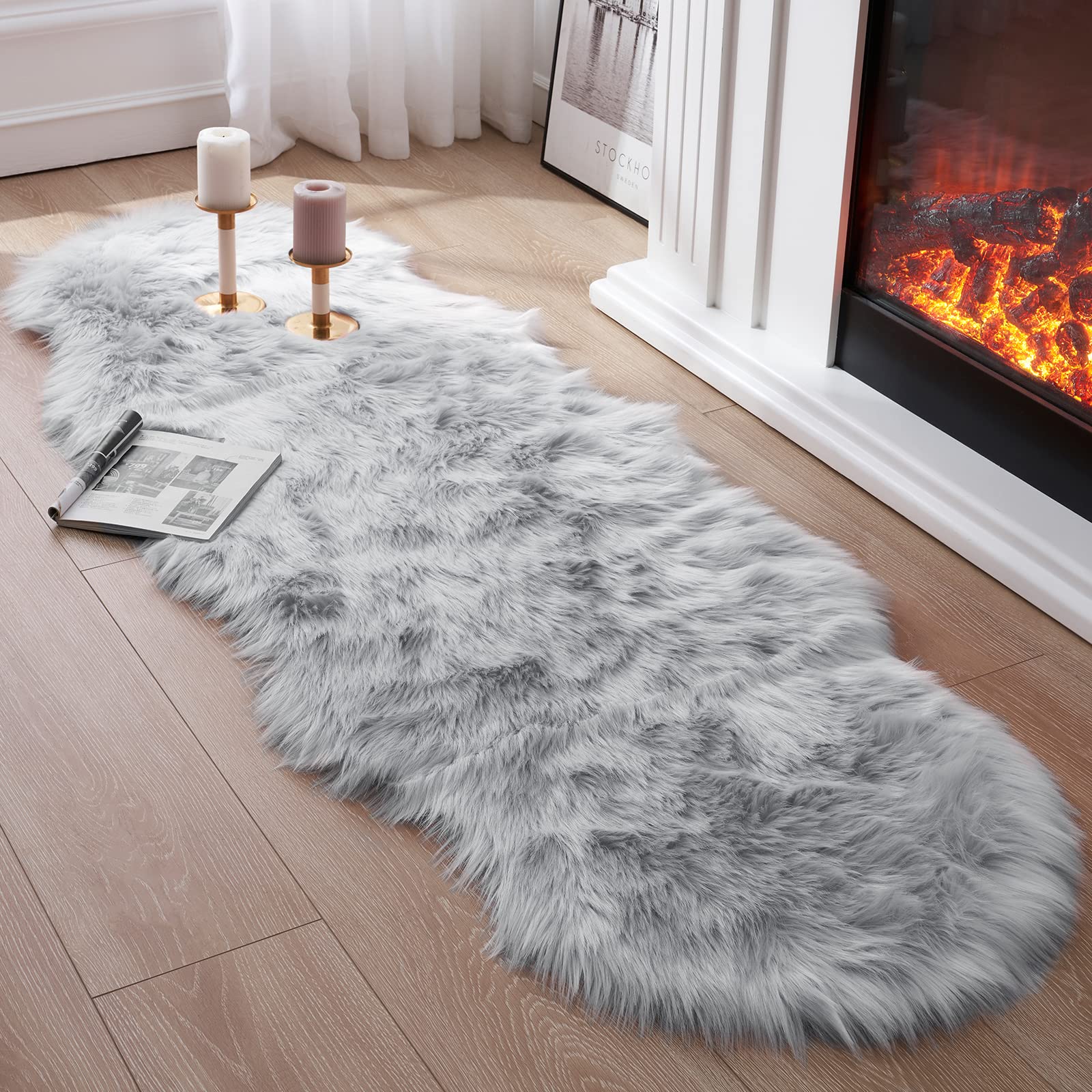 Faux Fur Rug for Bedroom, Gray Fluffy Rug Soft Sheepskin Runner Rug Sofa Couch Seat Cushion, 2x6ft Grey Plush Area Rug Shag Rugs