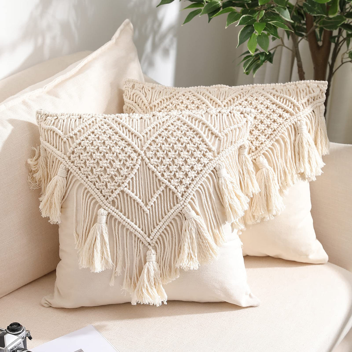 Macrame Throw Pillow Cushion Covers , Woven Boho Bed Sofa Couch Bench Car Home Decor, Comfy Square Pillow Cases With Tassels, Se