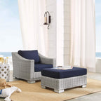 Modway Conway Sunbrella Outdoor Patio Wicker Rattan 2-Piece Armchair And Ottoman Set, Light Gray Navy