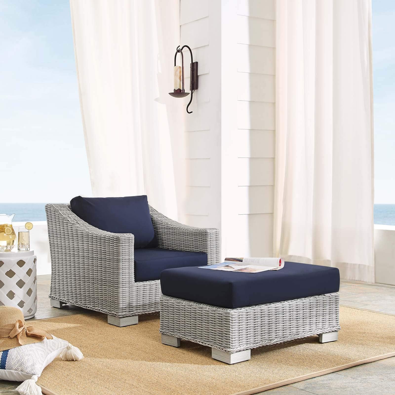 Modway Conway Sunbrella Outdoor Patio Wicker Rattan 2-Piece Armchair And Ottoman Set, Light Gray Navy