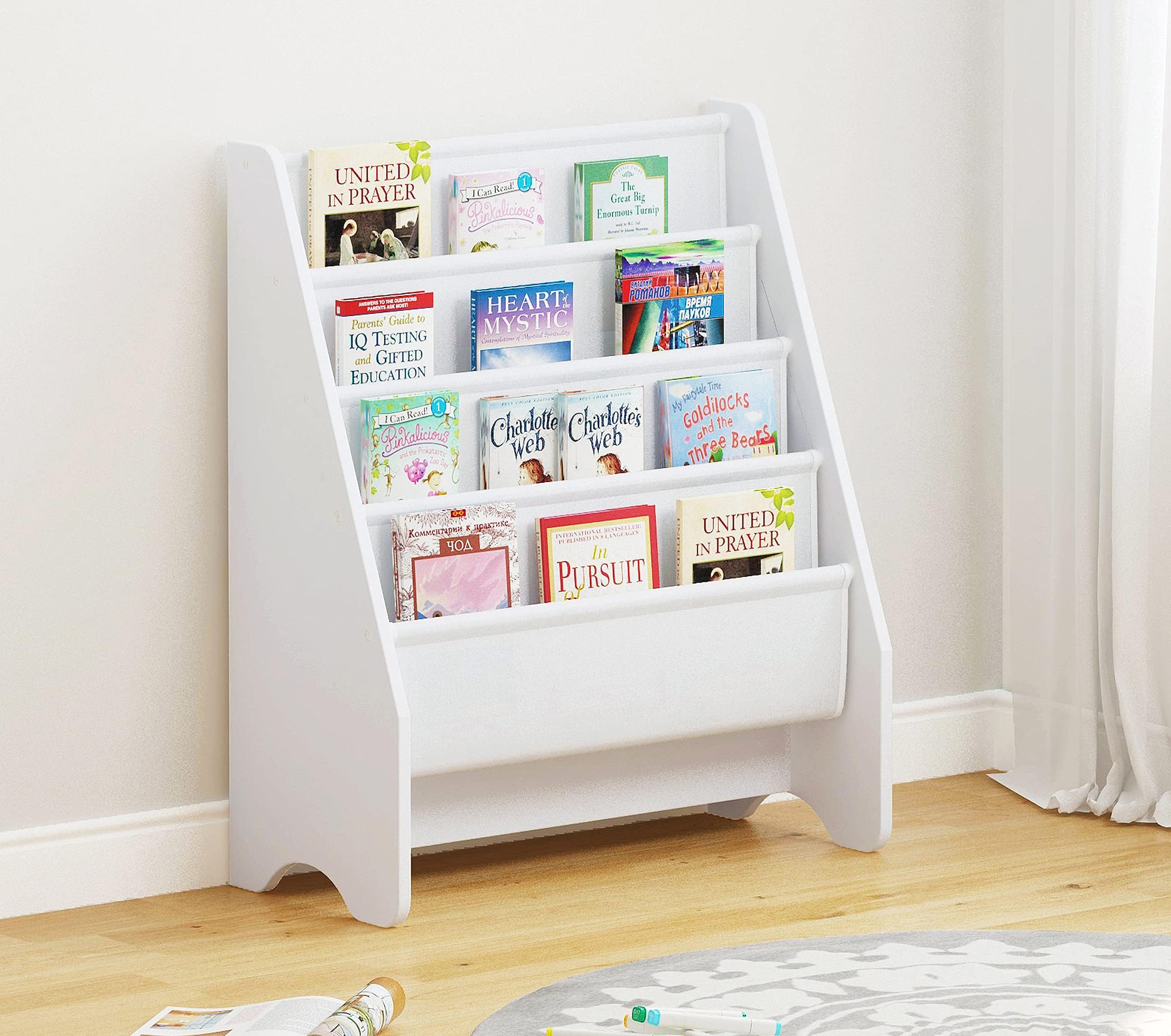 Utex Kids Bookshelf Storage, Book Shelf For Kids Rooms, 4 Tier Sling Toddler Bookshelf, Magazine Book Rack, Children Book Organizer, White