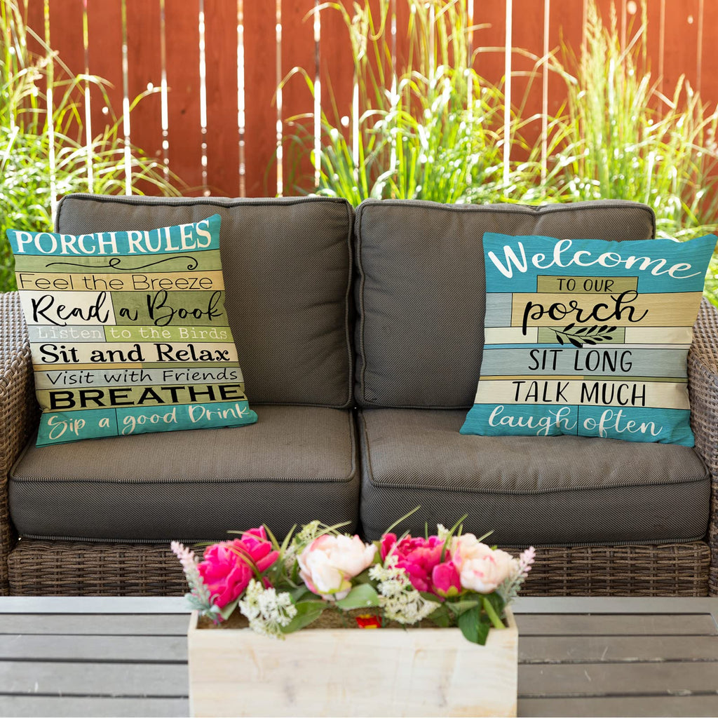 Jartinle Turquoise Striped Outdoor Pillows Covers 18X18 For Patio Furniture Waterproof, Welcome To Our Porch Throw Pillow Covers Square Linen For Couch Outside Bench Set Of 2
