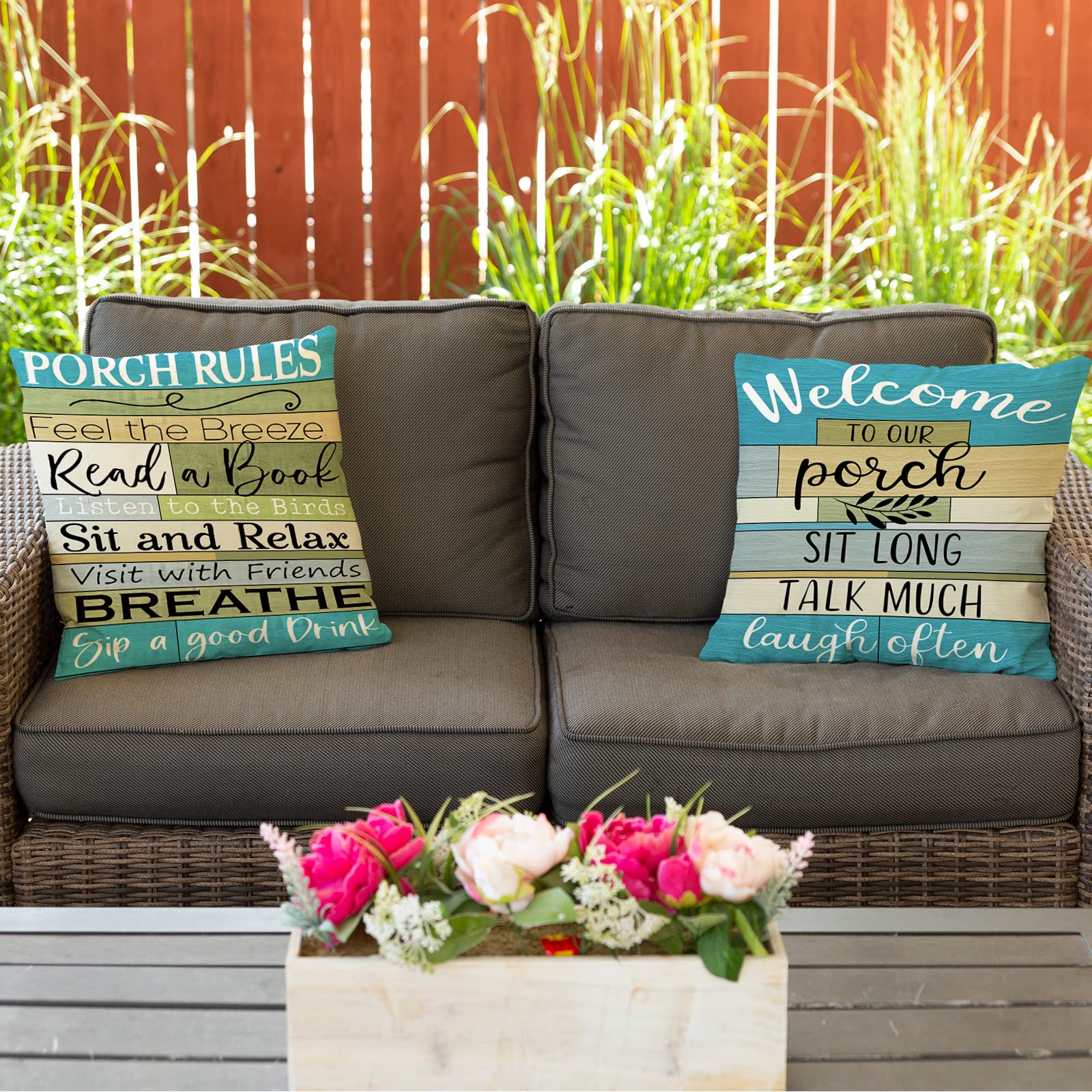 Jartinle Turquoise Striped Outdoor Pillows Covers 18X18 For Patio Furniture Waterproof, Welcome To Our Porch Throw Pillow Covers Square Linen For Couch Outside Bench Set Of 2