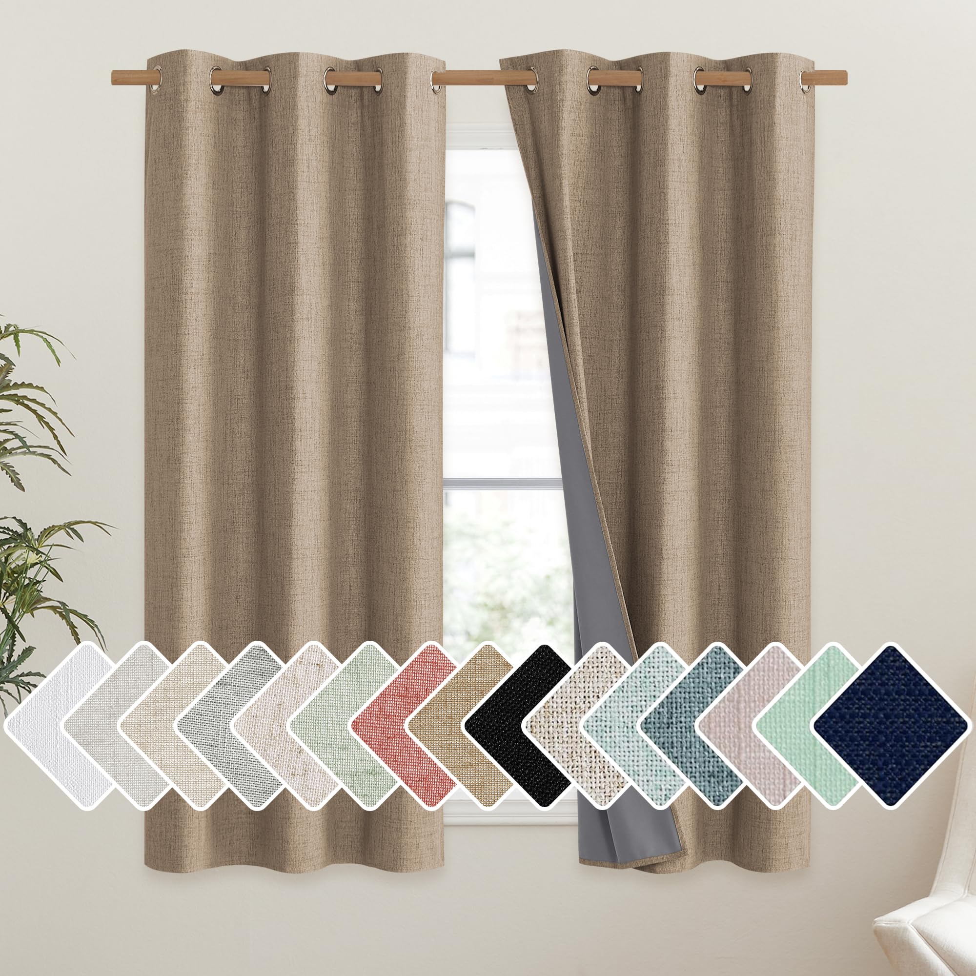 NICETOWN Burlap Vintage Open Linen Weave Flax Thermal Curtains, 100% Blackout Curtains 54 Long for Dining Room, Soundproof Windo