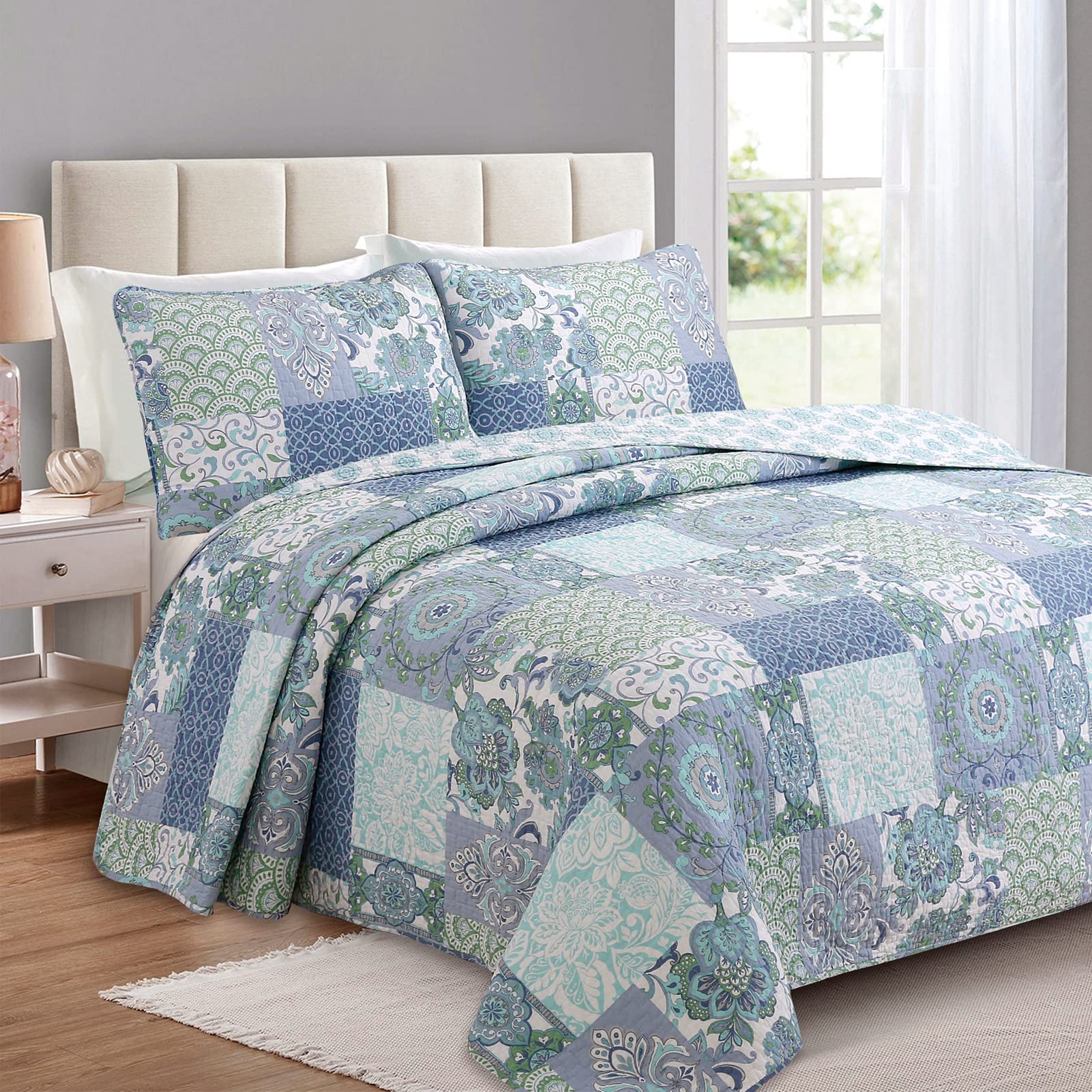 Cozy Line Home Fashions Full/Queen-Size 3 Piece Cotton Quilt Set, Windfall Blue