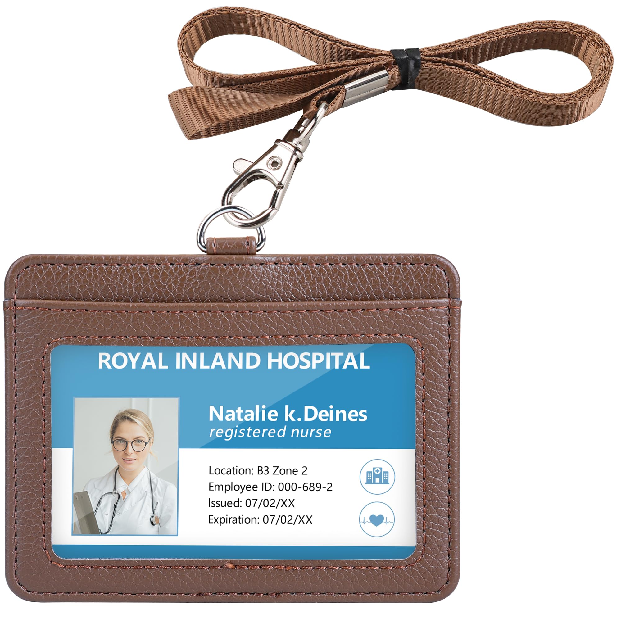 Teskyer Badge Holder With Lanyard, Leather Id Name Badge Card Holder With Lanyard For Id Badges, Horizontal, Lychee Pattern Coff