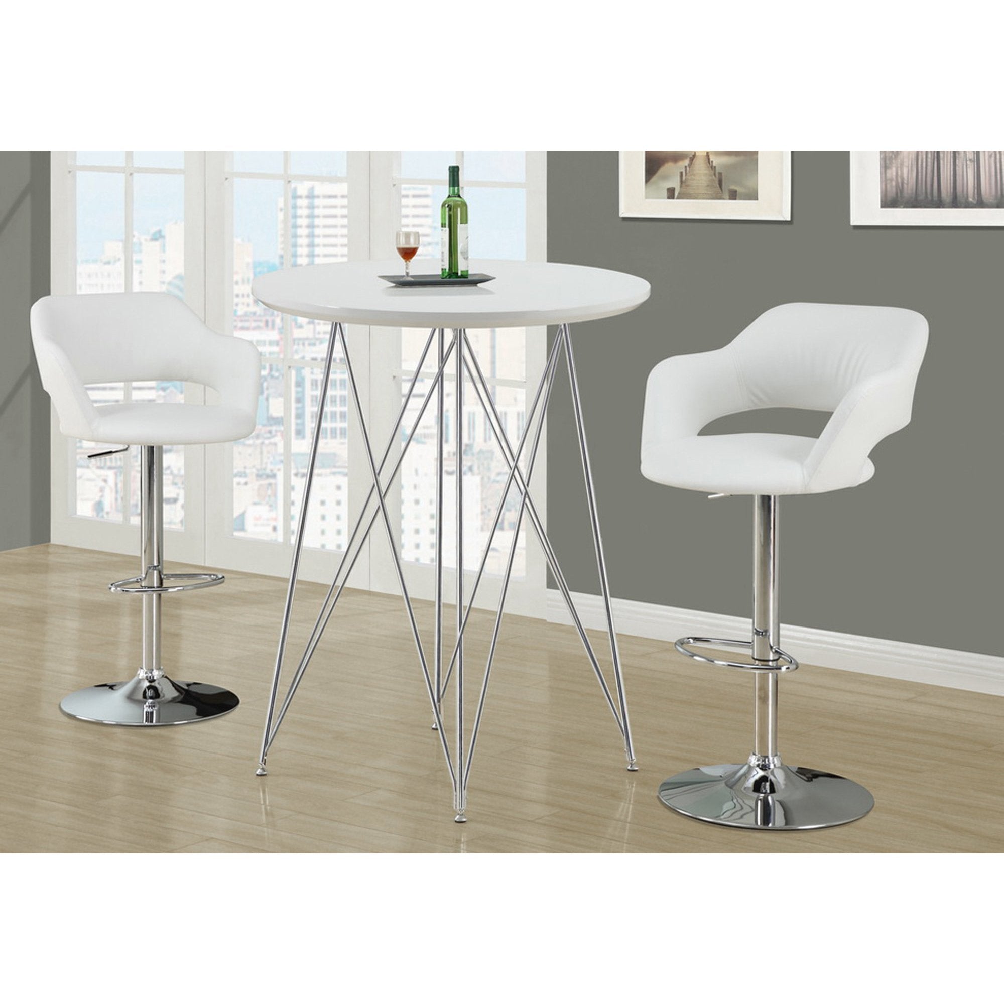 Monarch Specialties 2358 Stool, Swivel, Bar Height, Adjustable, Metal, Pu Leather Look, White, Chrome, Contemporary, Modern Barstool, 22.5' L x 21' W x 36' H
