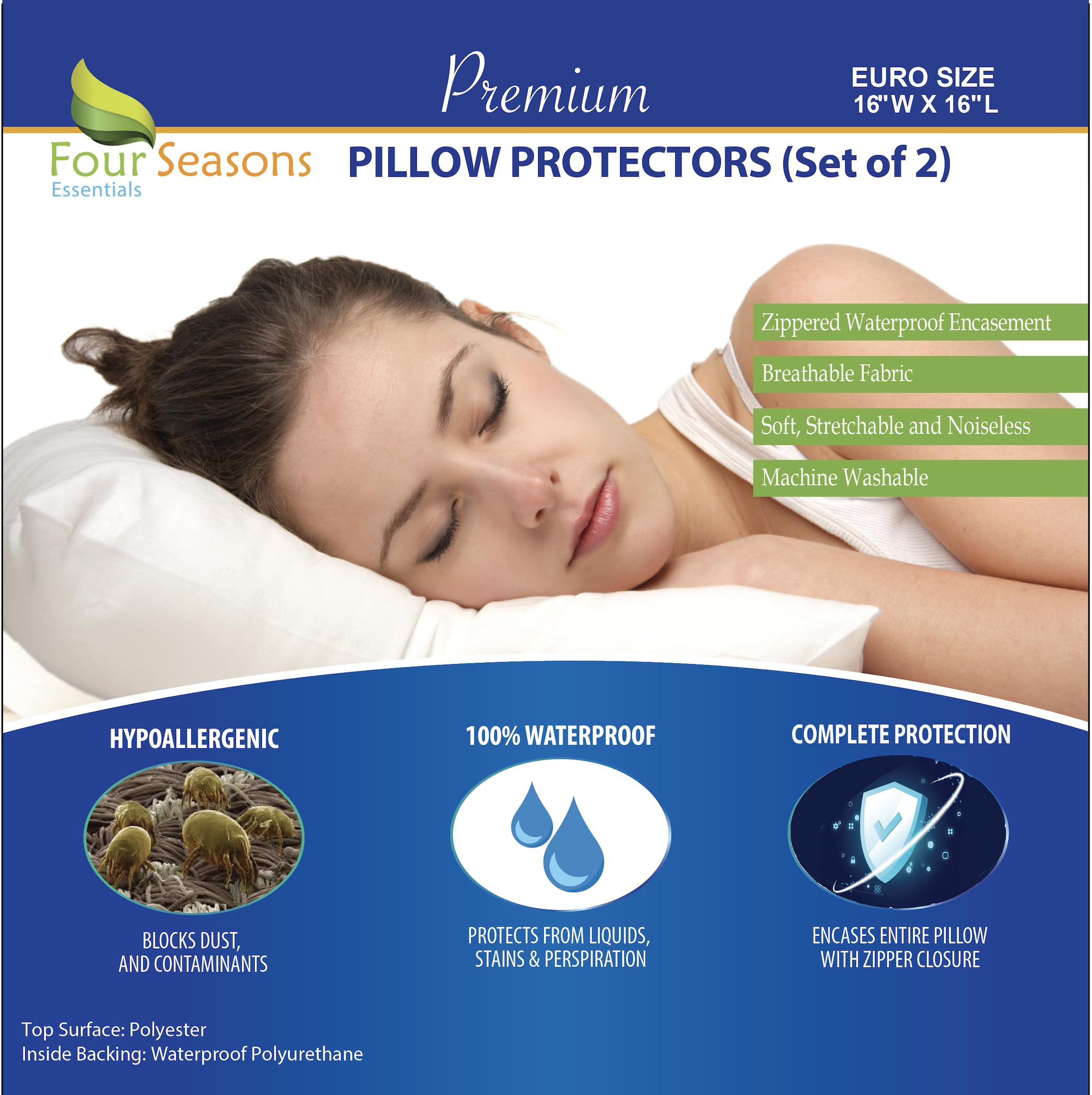 Euro Size Pillow Protectors (Set Of 2) - European Square 16X16 Pillow Covers Waterproof Hypoallergenic Dust Proof Zippered Encas