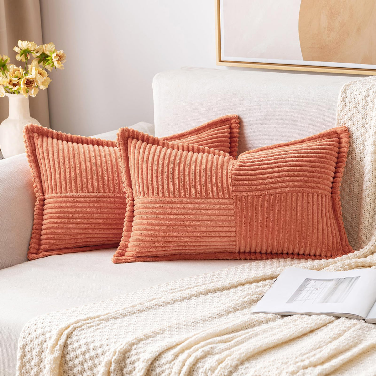 Miulee Coral Red Corduroy Pillow Covers 12X20 Inch With Splicing Set Of 2 Super Soft Boho Striped Pillow Covers Broadside Decora