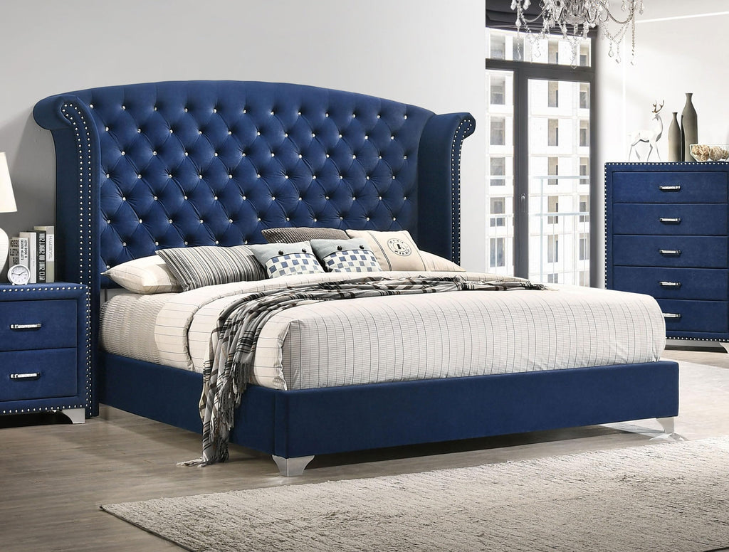 Coaster Home Furnishings Melody Modern Classic Velvet Upholstered Eastern King Size Wingback Bed Frame 66-inch Headboard Pacific Blue 223371KE