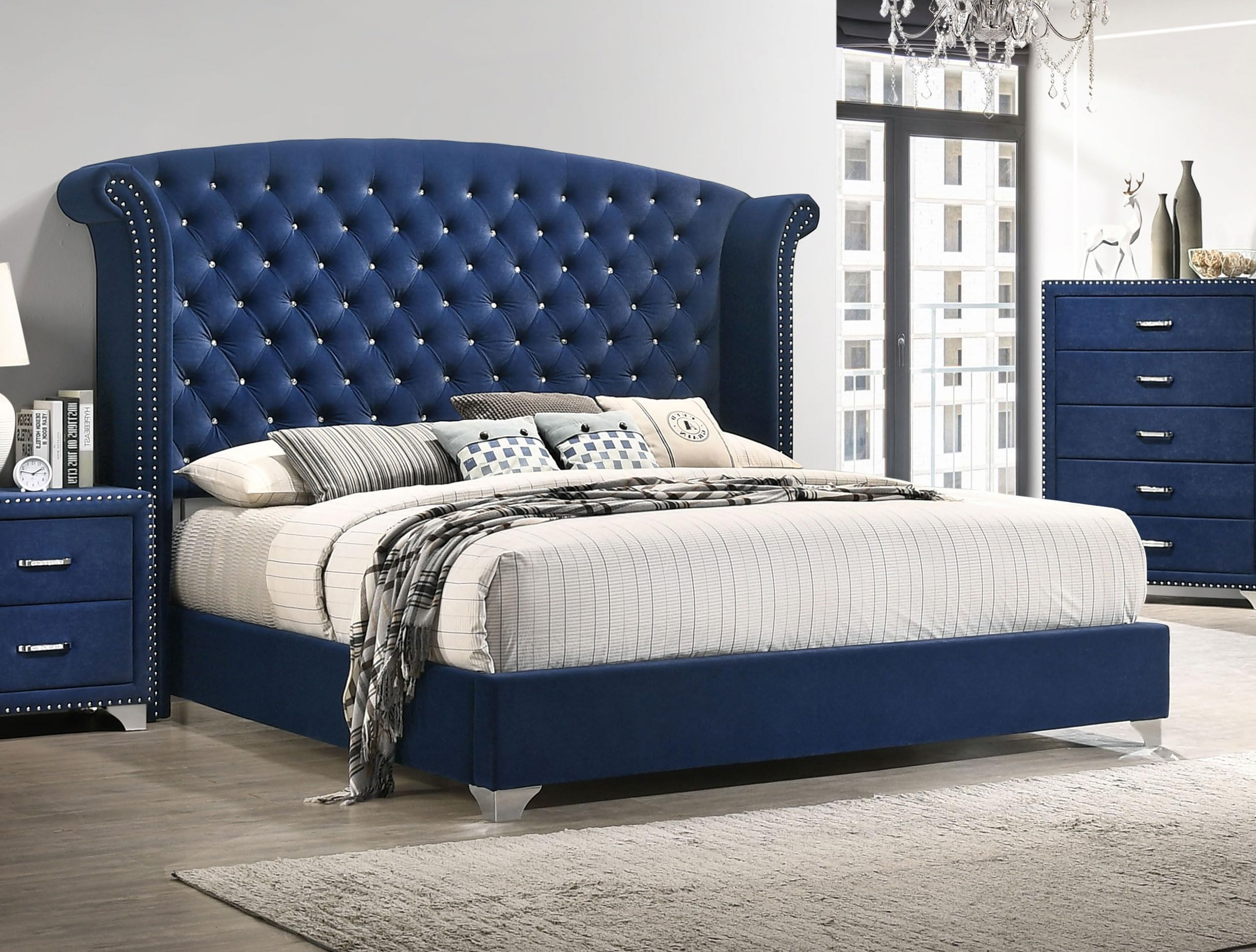 Coaster Home Furnishings Melody Modern Classic Velvet Upholstered Eastern King Size Wingback Bed Frame 66-inch Headboard Pacific Blue 223371KE