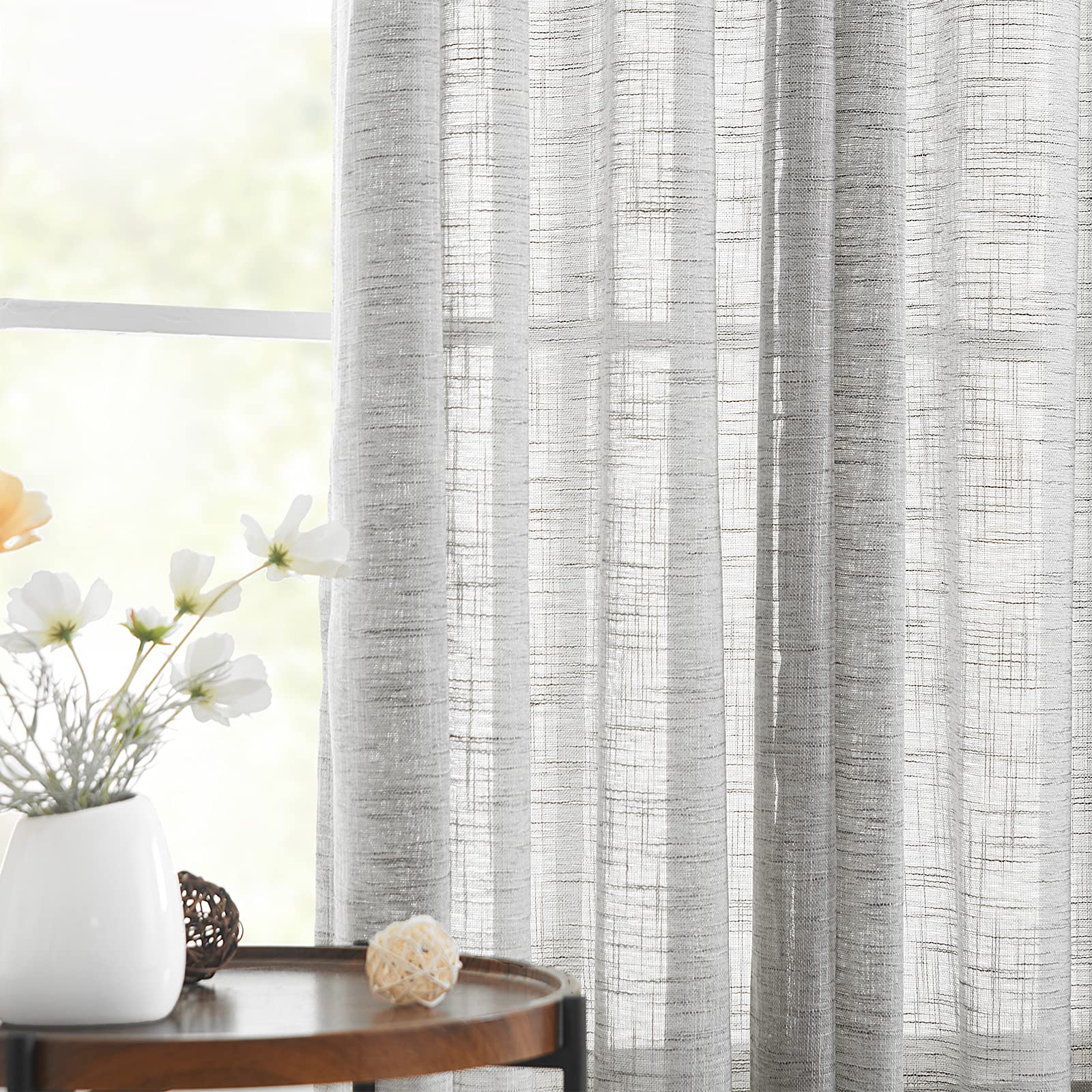 Treatmentex Grey Semi Sheer Curtains For Bedroom Living Room 63Inch Faux Linen Curtain Panels Light Filtering Burlap Look Window
