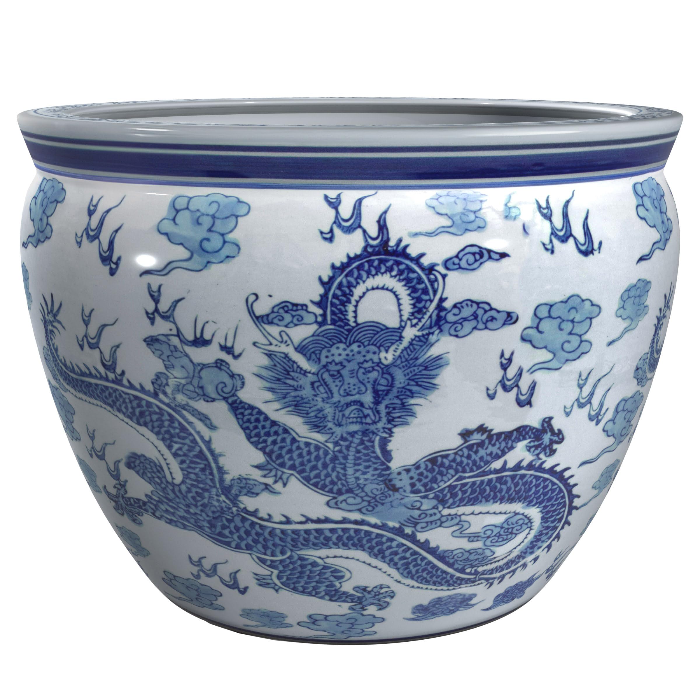 Red Lantern 14' Dragon Blue & White Porcelain Fishbowl Planter Or Cachepot For Indoor/Outdoor Use In Garden Entryway Living Roo