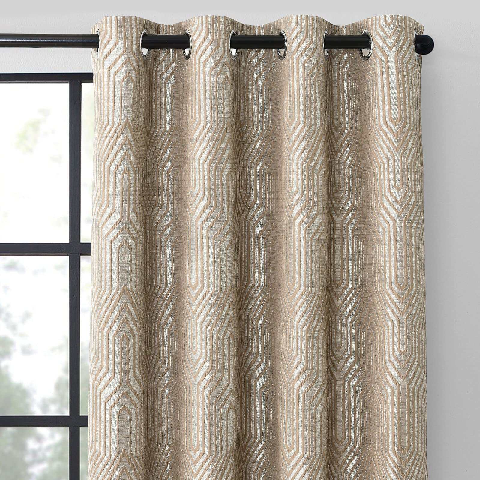 Light Brown And Silvery 100% Blackout Jacquard Geometric Pattern Curtains,52 Inch Wide 84 Inch Length 2 Panels, Thermal Insulate