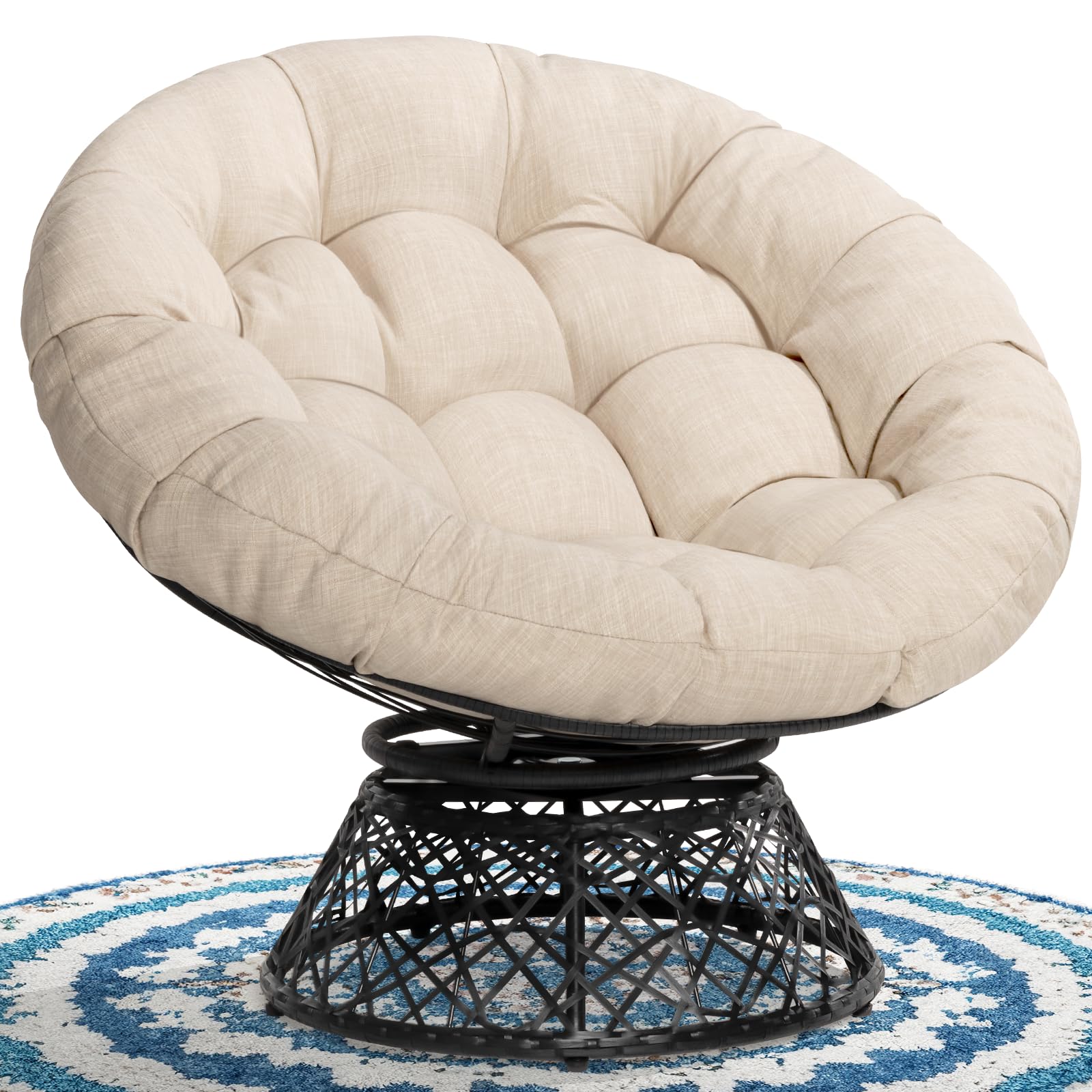 Bme 40' Ergonomic Wicker Papasan Chair With Soft Thick Density Fabric Cushion, High Capacity Steel Frame, 360 Degree Swivel For Living, Bedroom, Reading Room, Lounge, Sepia Sand - Black Base