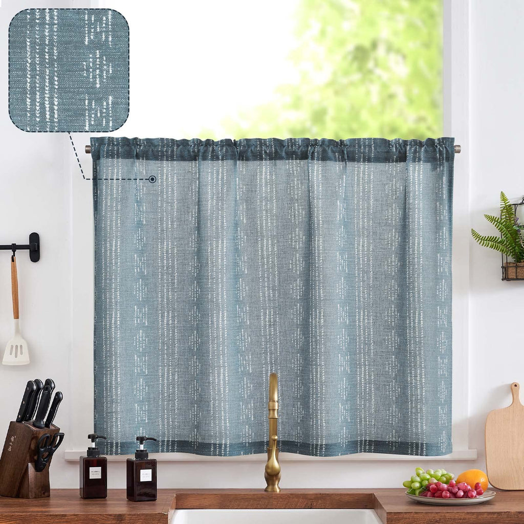 Jinchan Boho Kitchen Curtain Linen Tier Curtain Bohemian Cafe Curtain 36 Inch Geometric Striped Small Window Curtain Rod Pocket Light Filtering Farmhouse Country Rustic For Bathroom Rv 1 Panel Blue