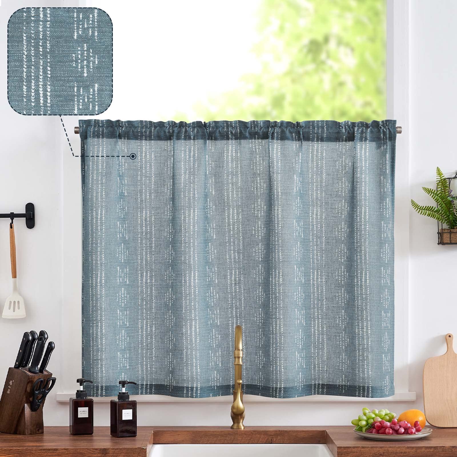 Jinchan Boho Kitchen Curtain Linen Tier Curtain Bohemian Cafe Curtain 36 Inch Geometric Striped Small Window Curtain Rod Pocket Light Filtering Farmhouse Country Rustic For Bathroom Rv 1 Panel Blue