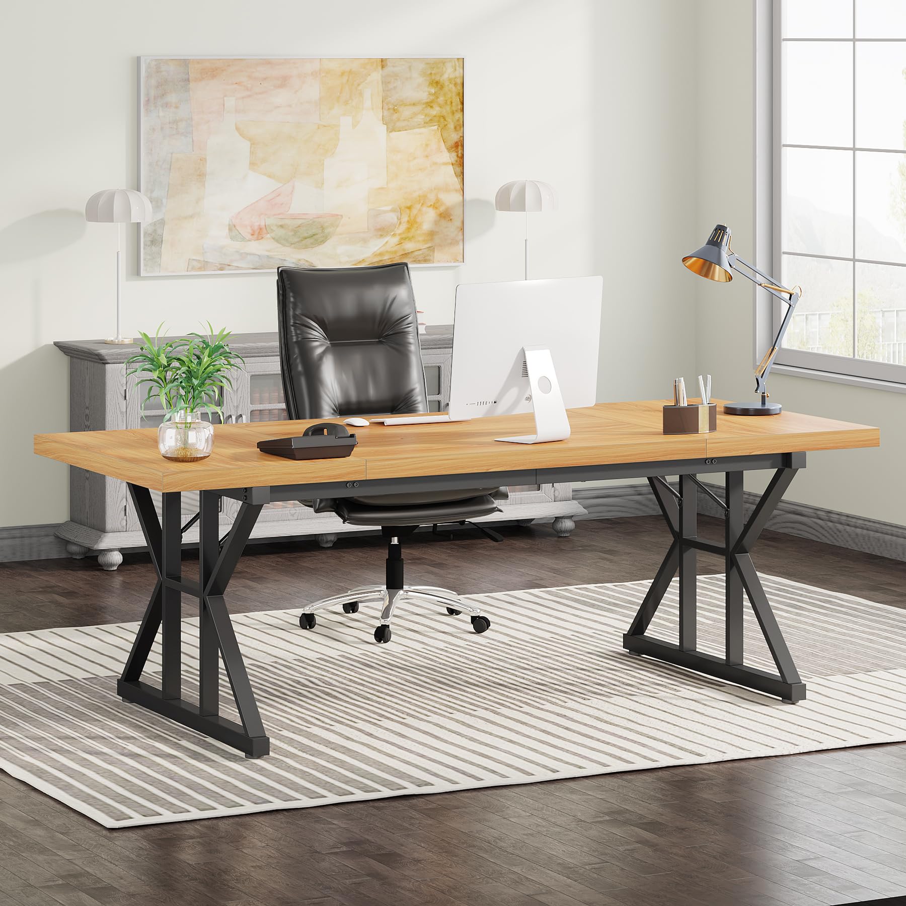 Tribesigns 70.8-Inch Executive Desk, Large Computer Office Desk Workstation, Modern Simple Style Laptop Desk Study Writing Table Business Furniture For Home Office (Light Walnut/Black, 70.8 Inch)