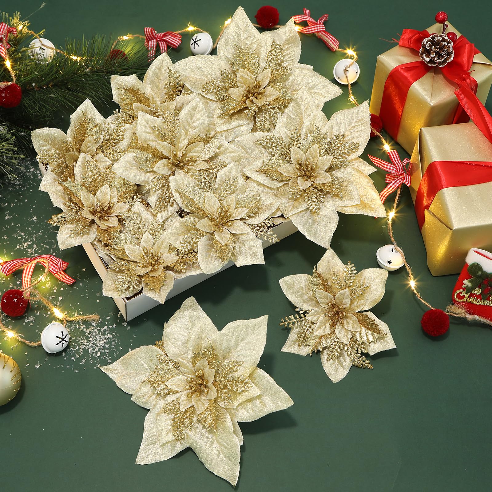 Alupssuc 24 Pcs 6&9 Large Size Poinsettia Artificial Christmas Flowers Decorations for Christmas Tree, Boxed Christmas Ornaments