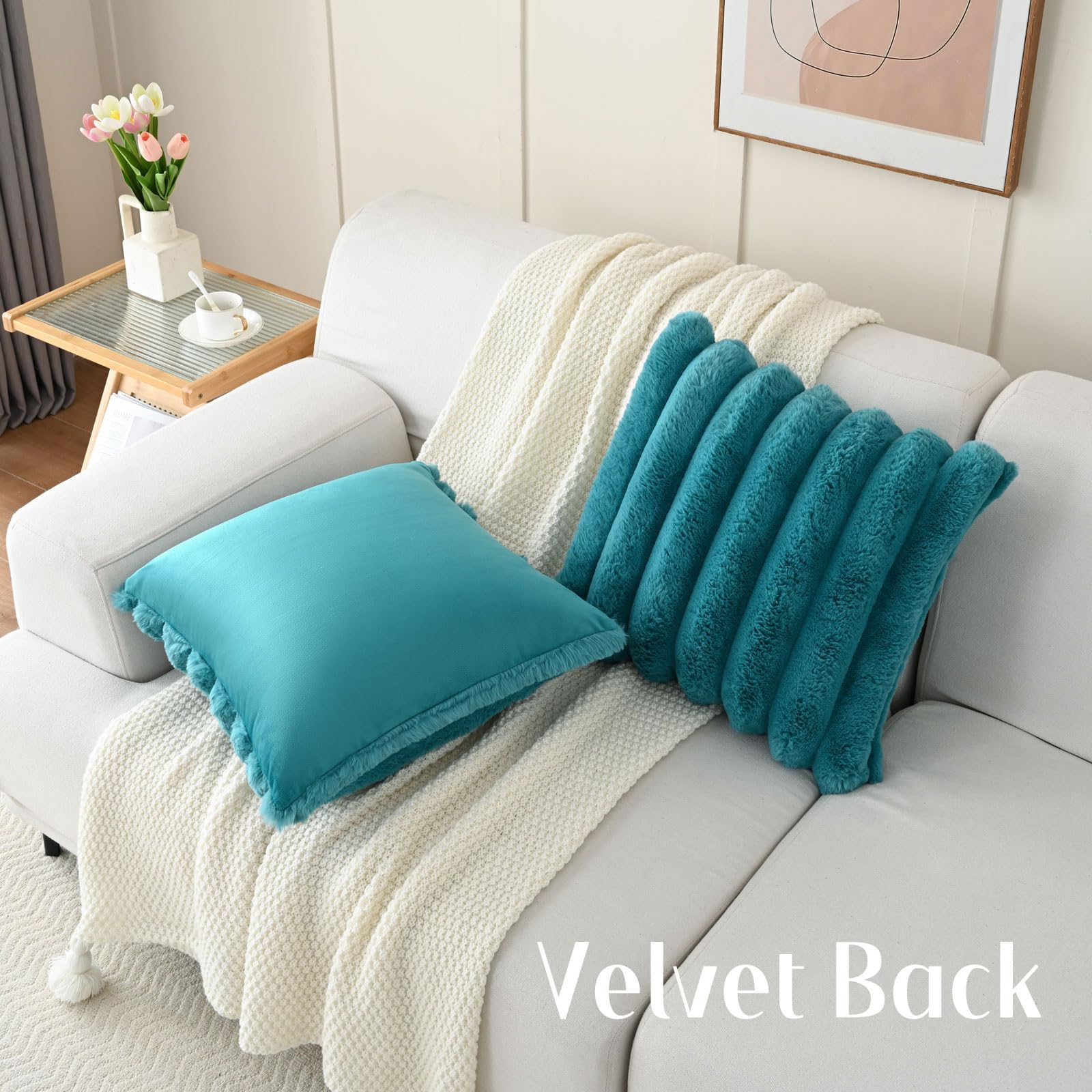 Futei Teal Decorative Throw Pillow Covers 18X18 Inch Set Of 2, Square Soft Faux Rabbit Fur Big Striped Cushion Cover,Home Decor