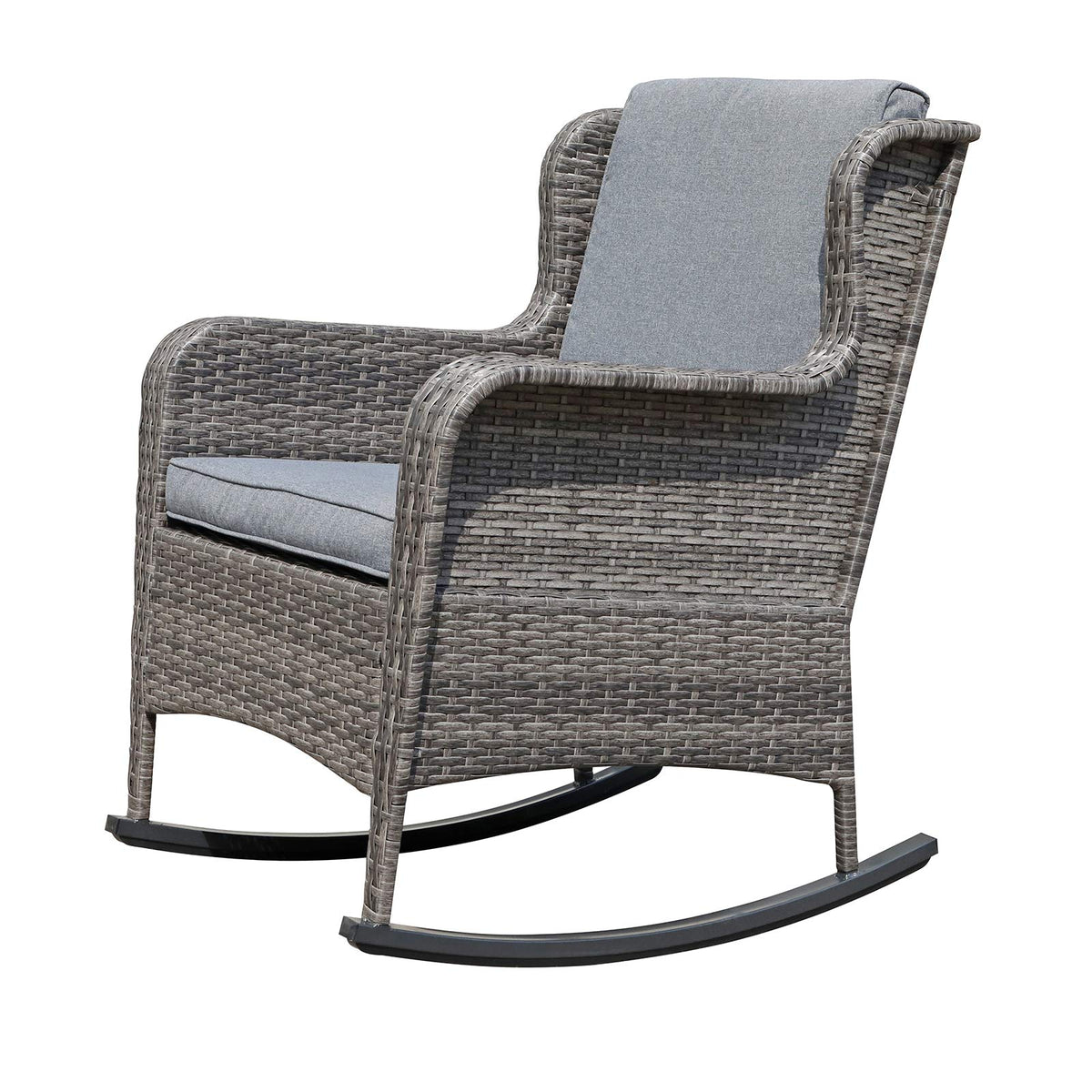 Soleil Jardin Outdoor Resin Wicker Rocking Chair With Cushions, Patio Yard Furniture Club Rocker Chair, Gray Wicker & Gray Cushi