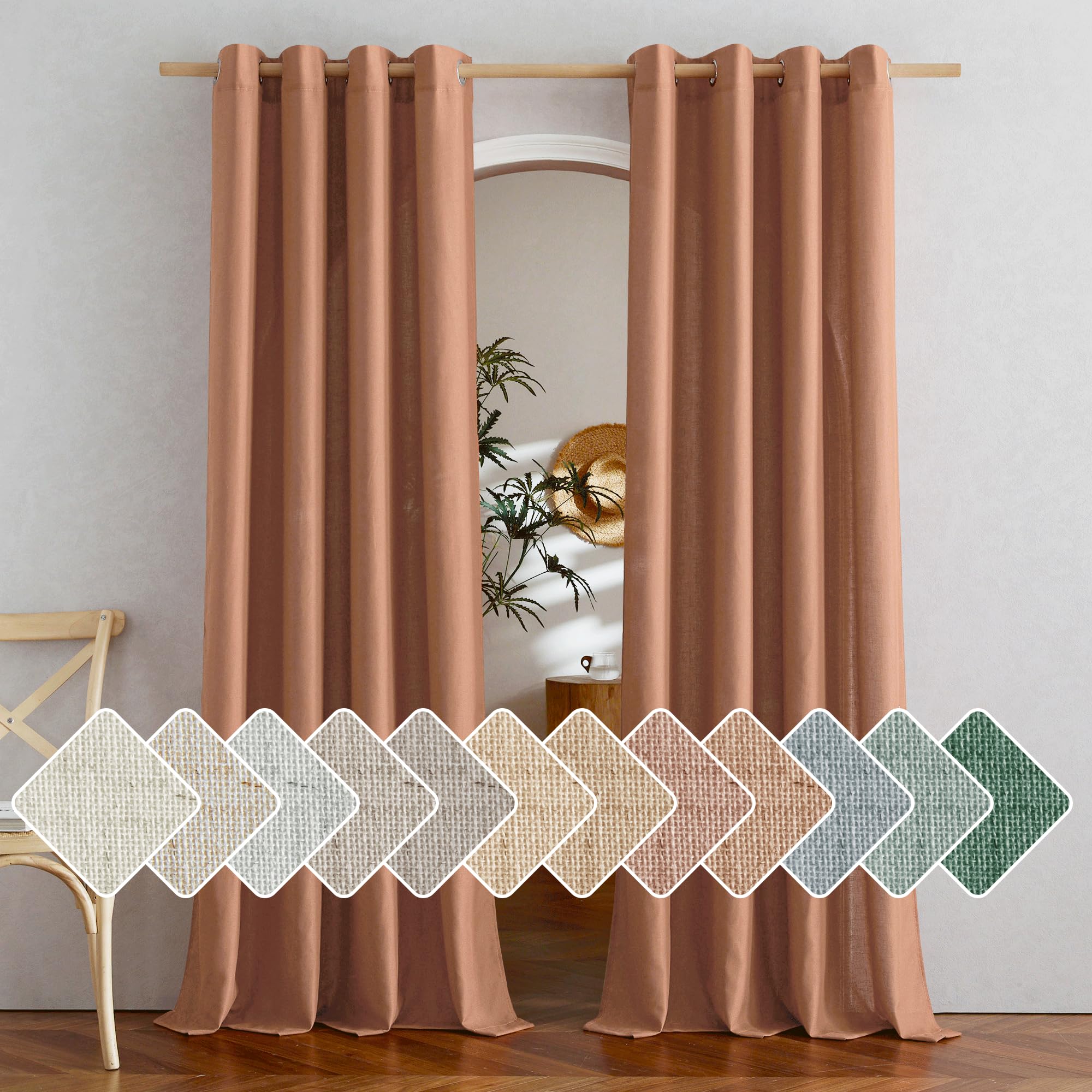 Nicetown Caramel Linen Curtains 84 Inches Long, Grommet Thick Flax Linen Window Treatment Privacy Assured With Light Filtering Drapes For Bedroom/Living Room, W55 X L84, 2 Panels